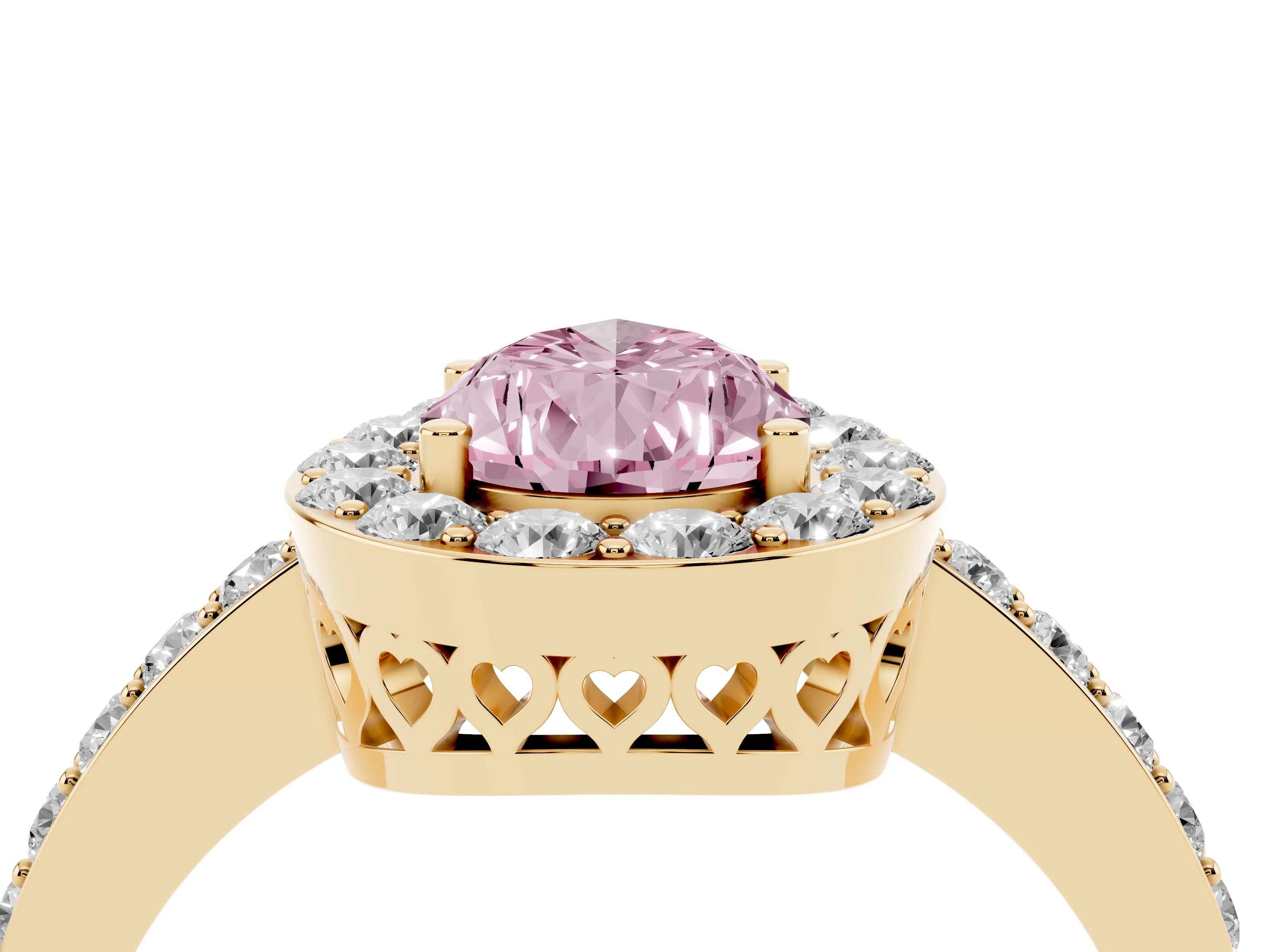 Fancy Pink Pear Cut Diamond Halo Ring Set in Yellow gold with Pavé-Setting Band and Open Prong Center
