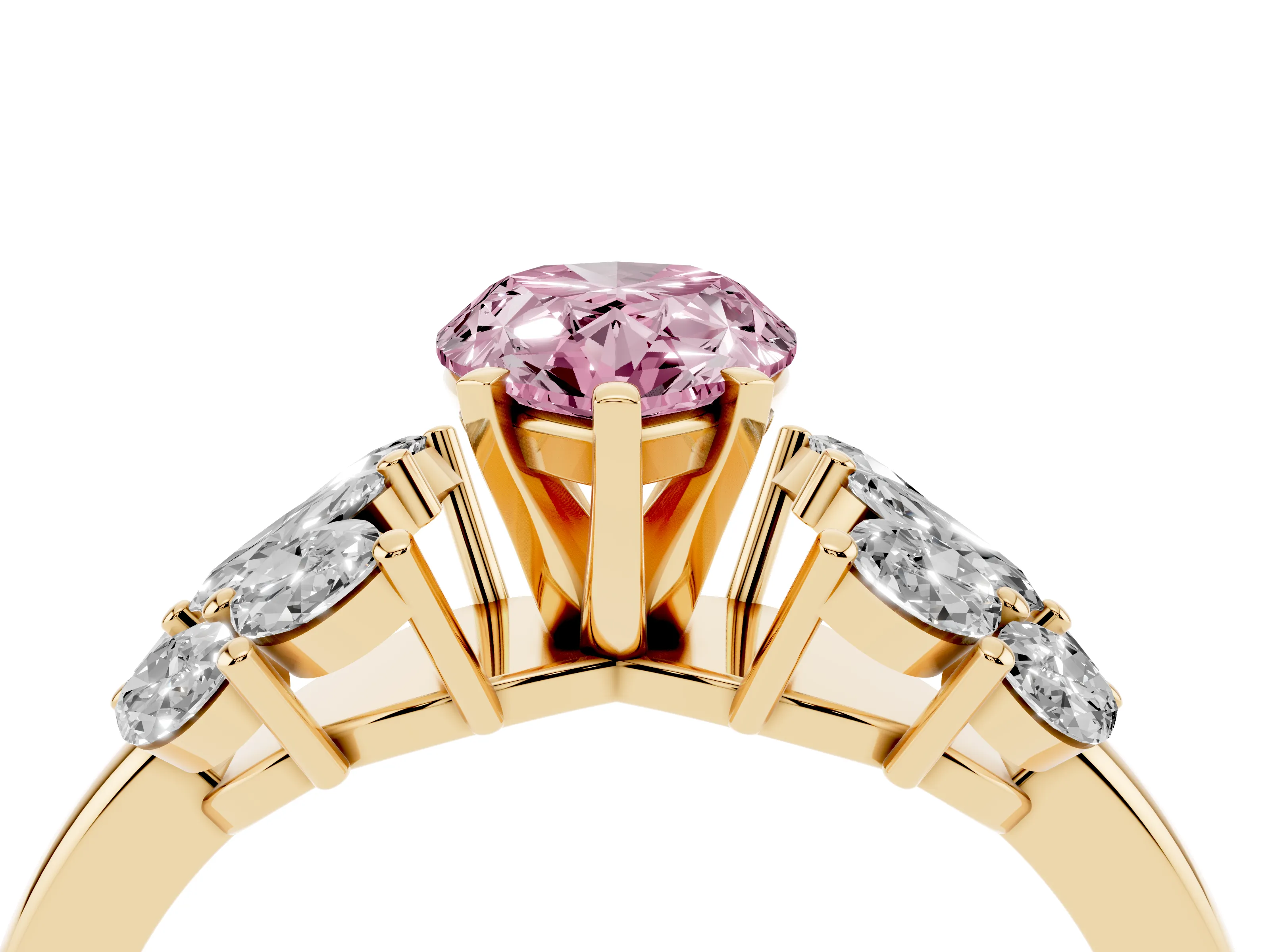 Fancy Pink Pear Cut Diamond Cluster Leaf Design Ring Set in Yellow gold with Prong Setting