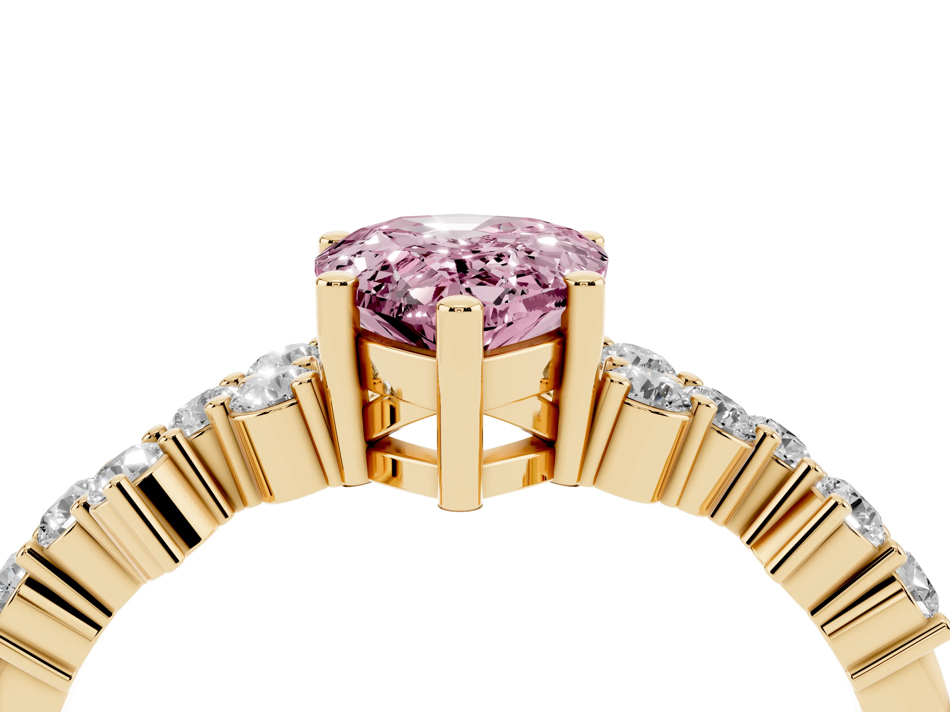 Fancy Pink Pear Cut Diamond Ring Set in Yellow gold with Scattered Round Accents