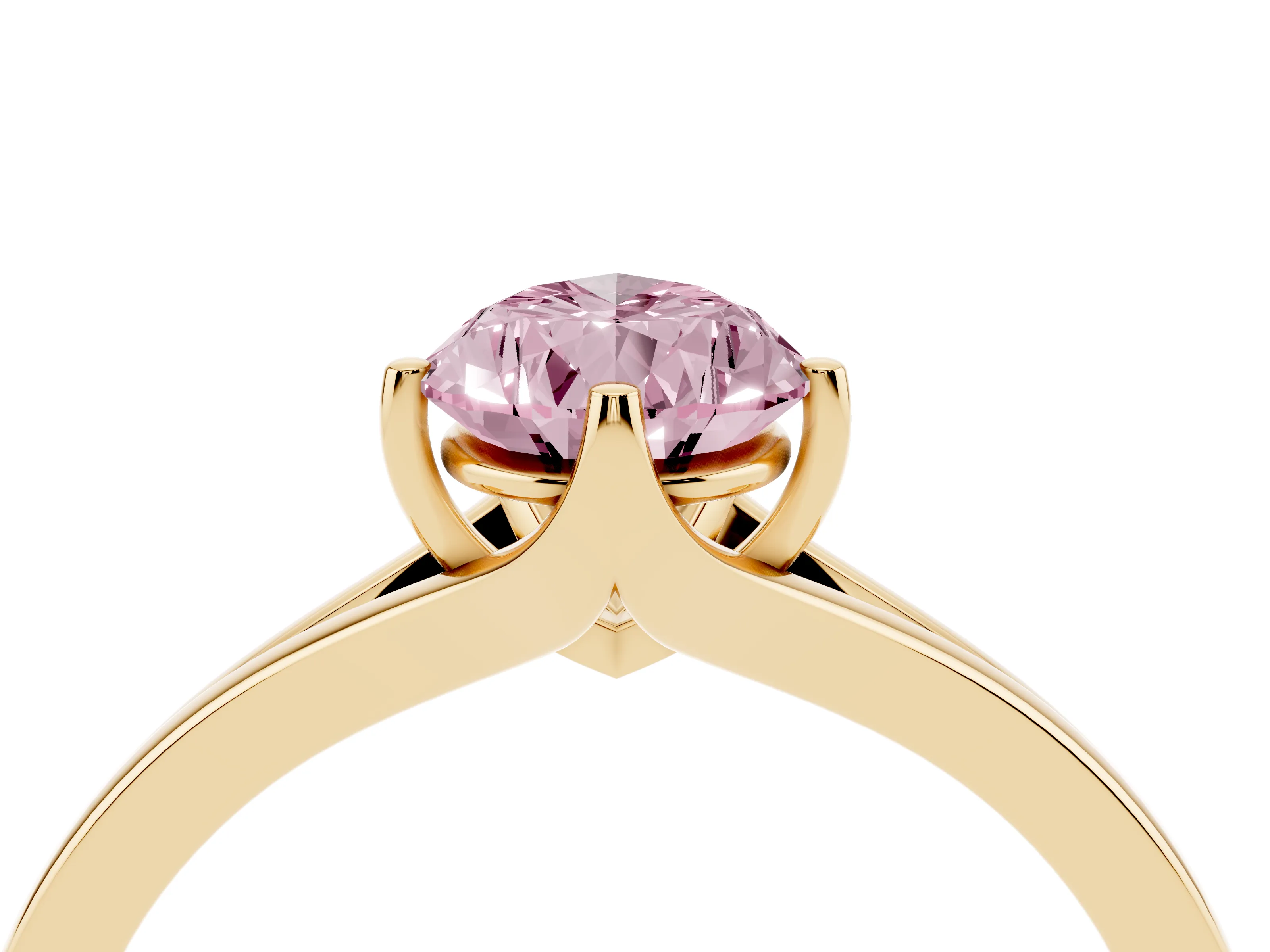 Fancy Pink Pear Cut Diamond Solitaire Ring Set in Yellow gold with Polished Tapered Band and Prong Setting
