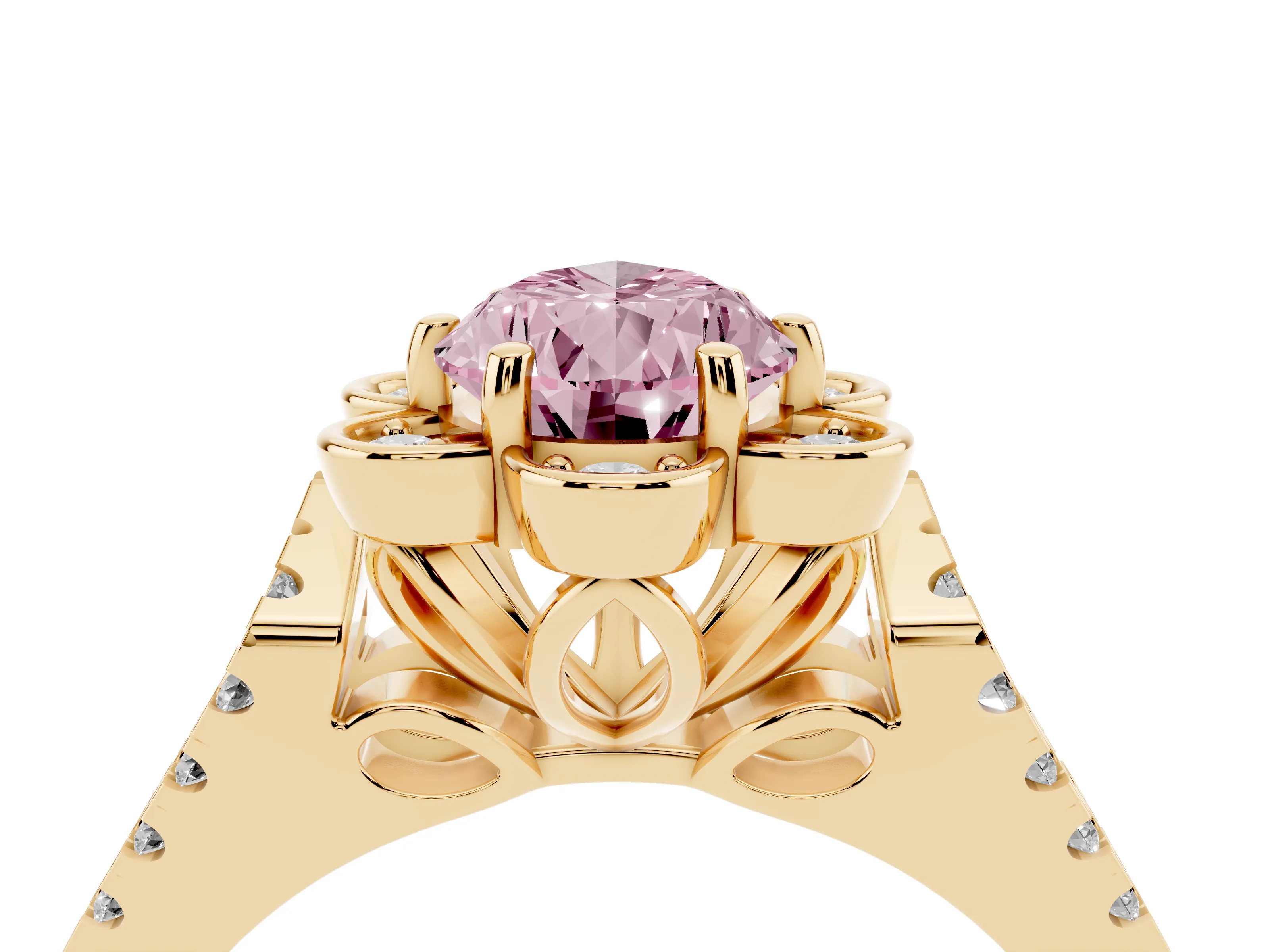 Fancy Pink Pear Cut Diamond Floral Halo Split Shank Engagement Ring Set in Yellow gold with Pavé Shank
