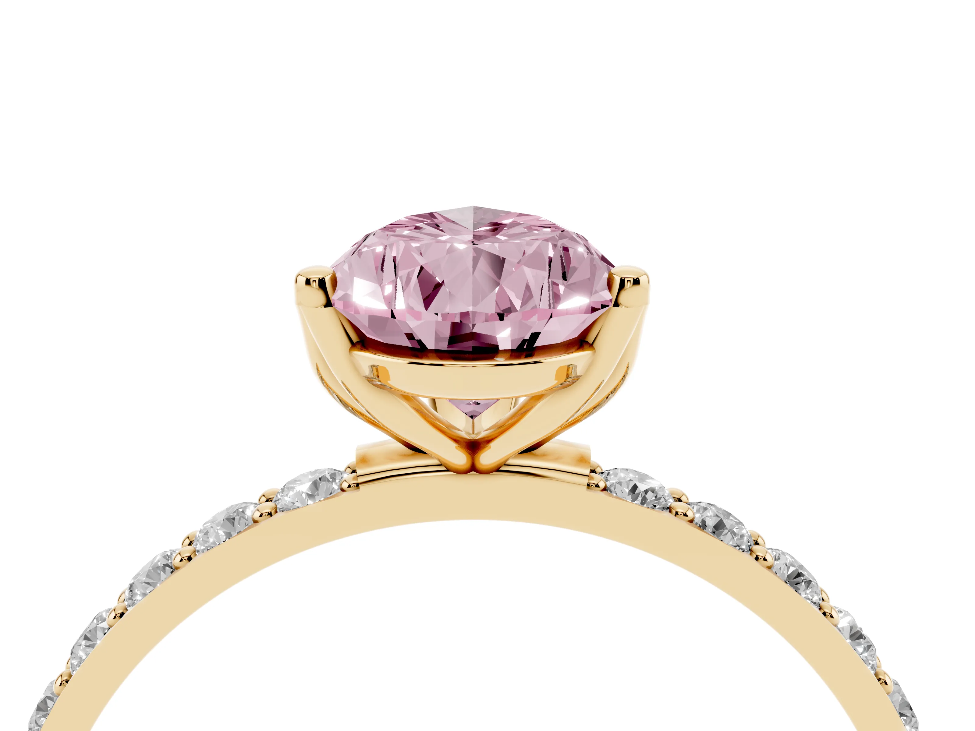 Fancy Pink Pear Cut Diamond Solitaire Engagement Ring Set in Yellow gold with Round Pavé Band and Prong Setting
