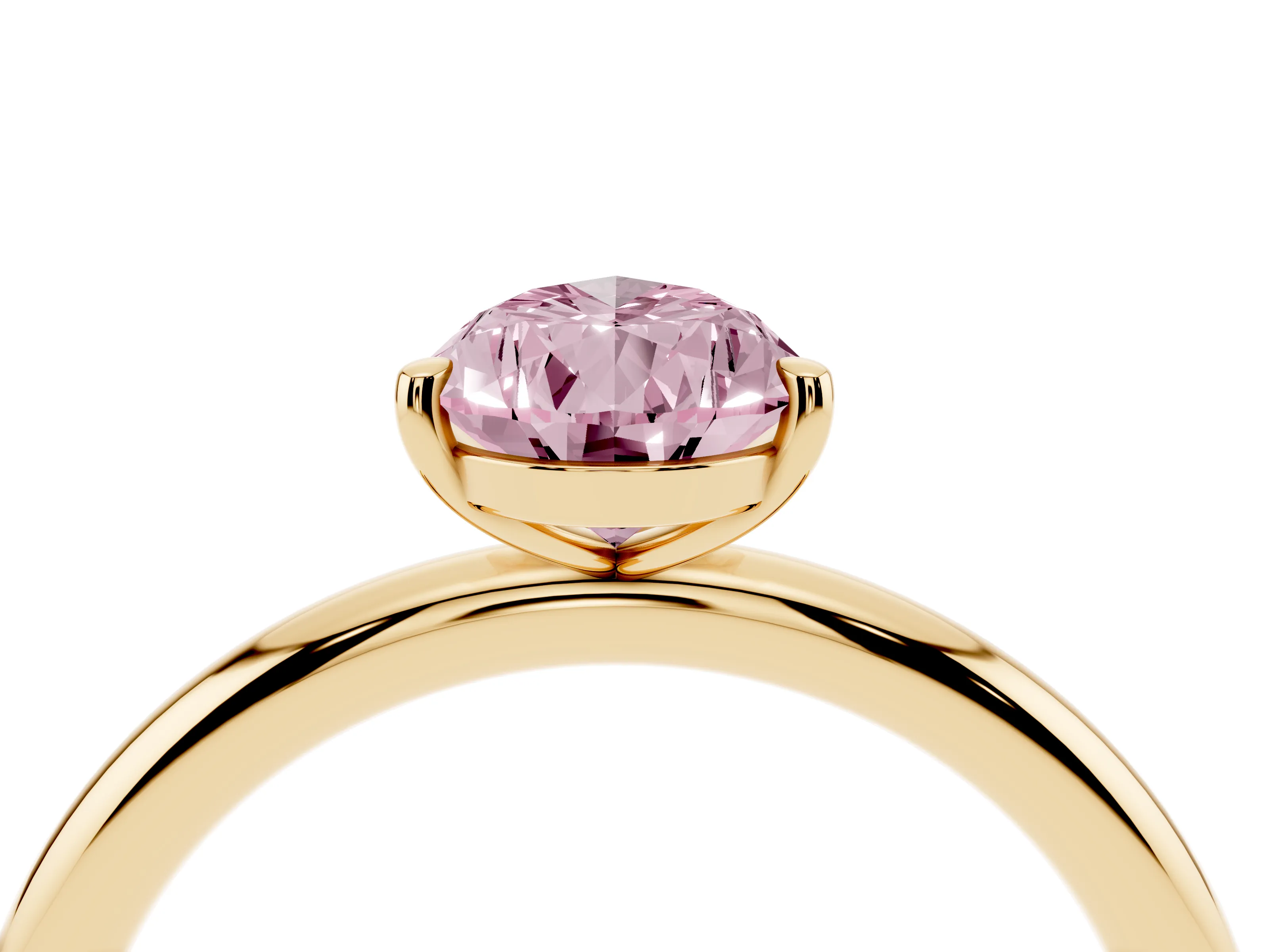 Fancy Pink Pear Cut Diamond Solitaire Ring Set in Yellow gold with Prong Setting on a Polished Plain Band