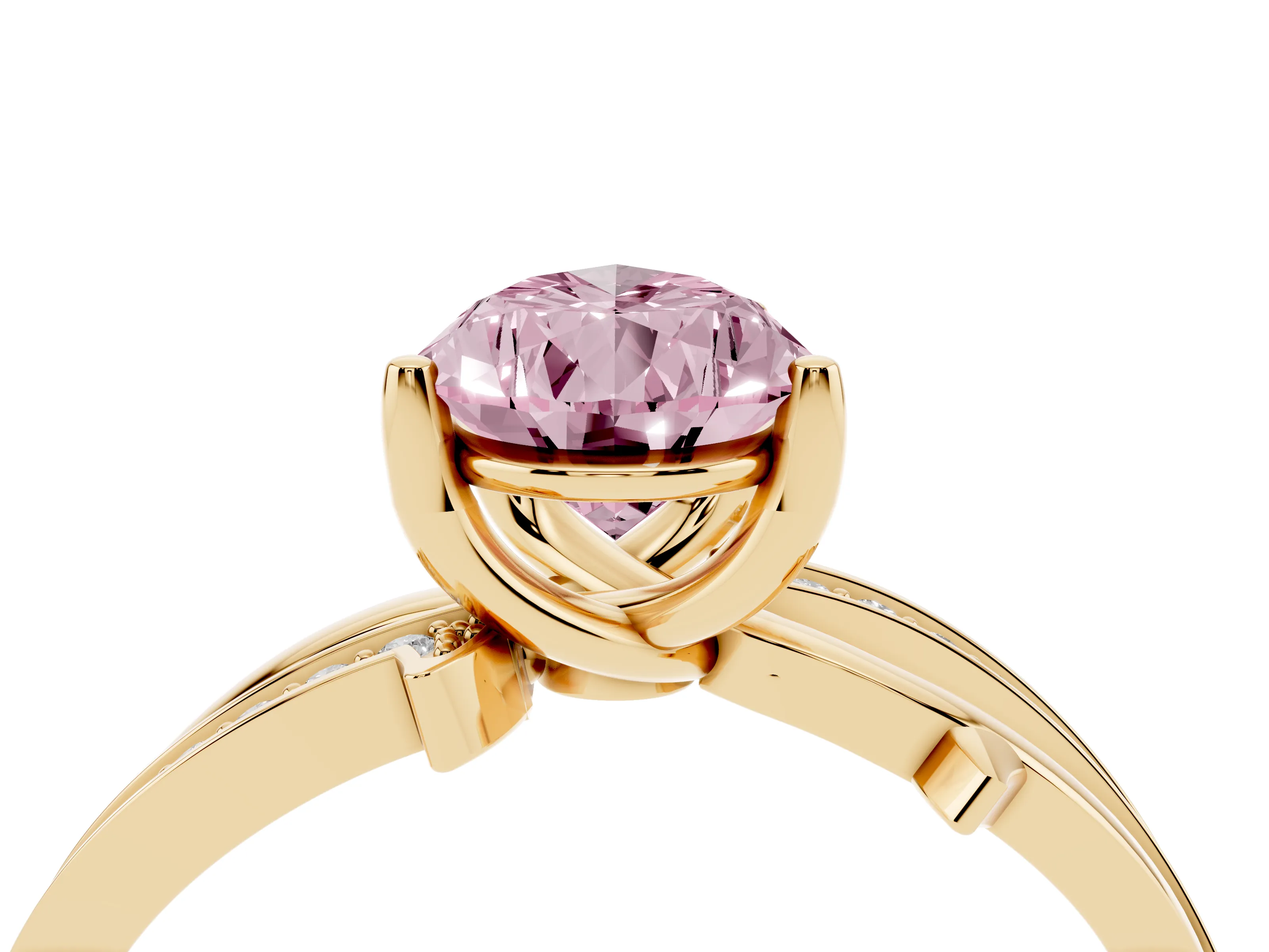 Fancy Pink Pear Cut Diamond Pavé Twist Band Solitaire Ring Set in Yellow gold with Prong Setting
