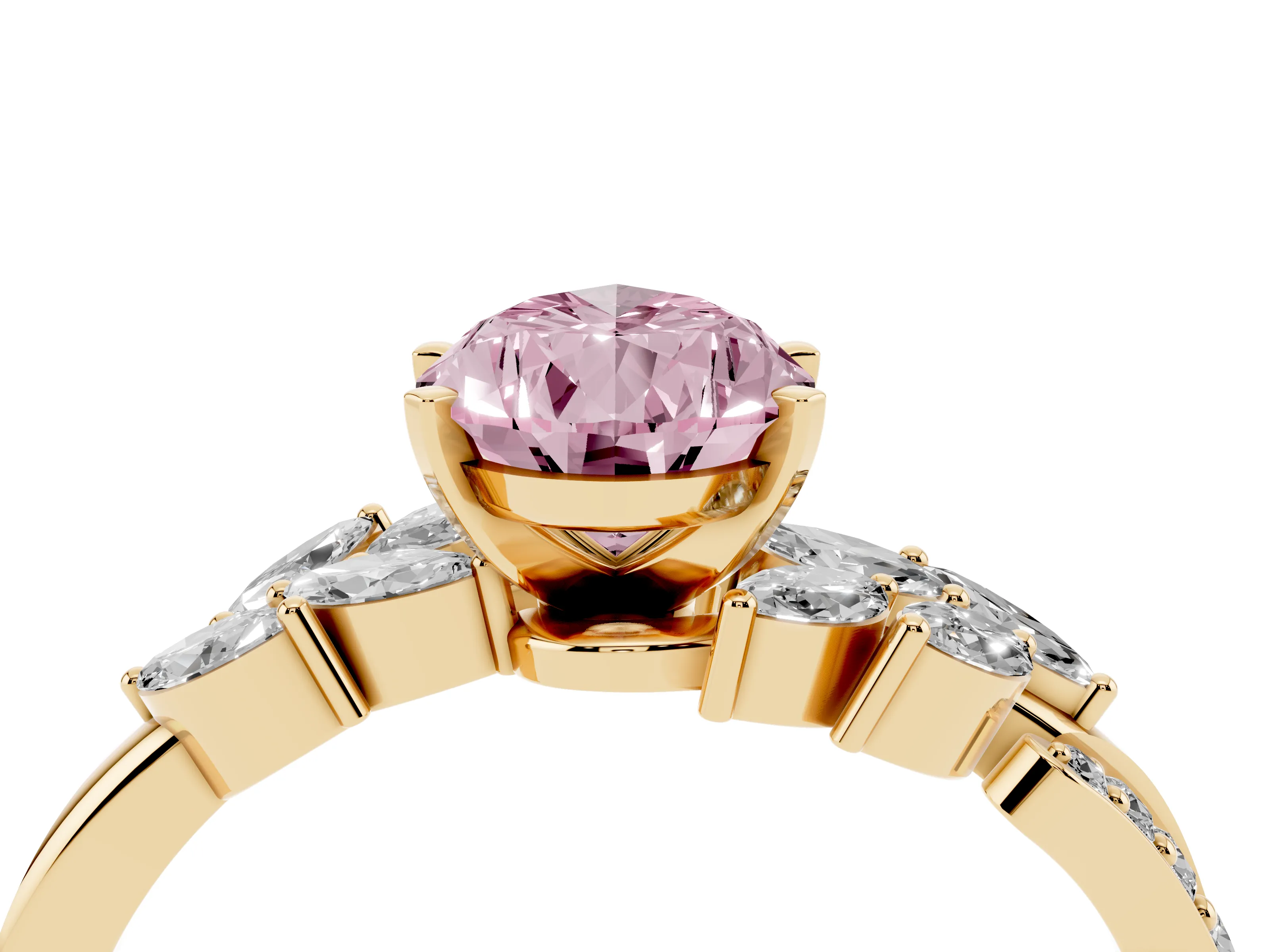 Fancy Pink Pear Cut Diamond Solitaire Ring Set in Yellow gold with Marquise Twist Band and Prong Setting