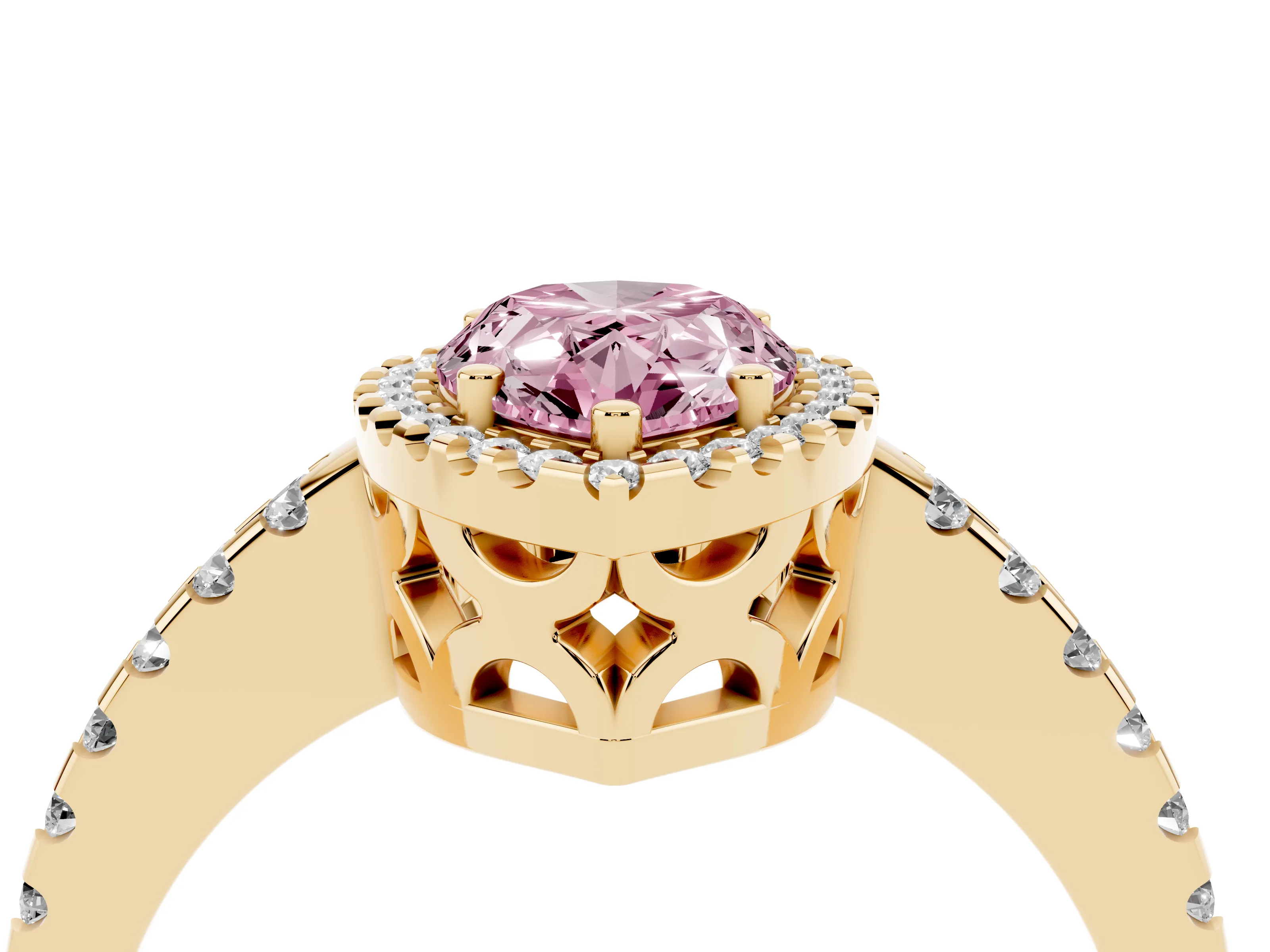 Fancy Pink Pear Cut Diamond Halo Ring Set in Yellow gold with Pavé Shoulders and Halo-Framed Center