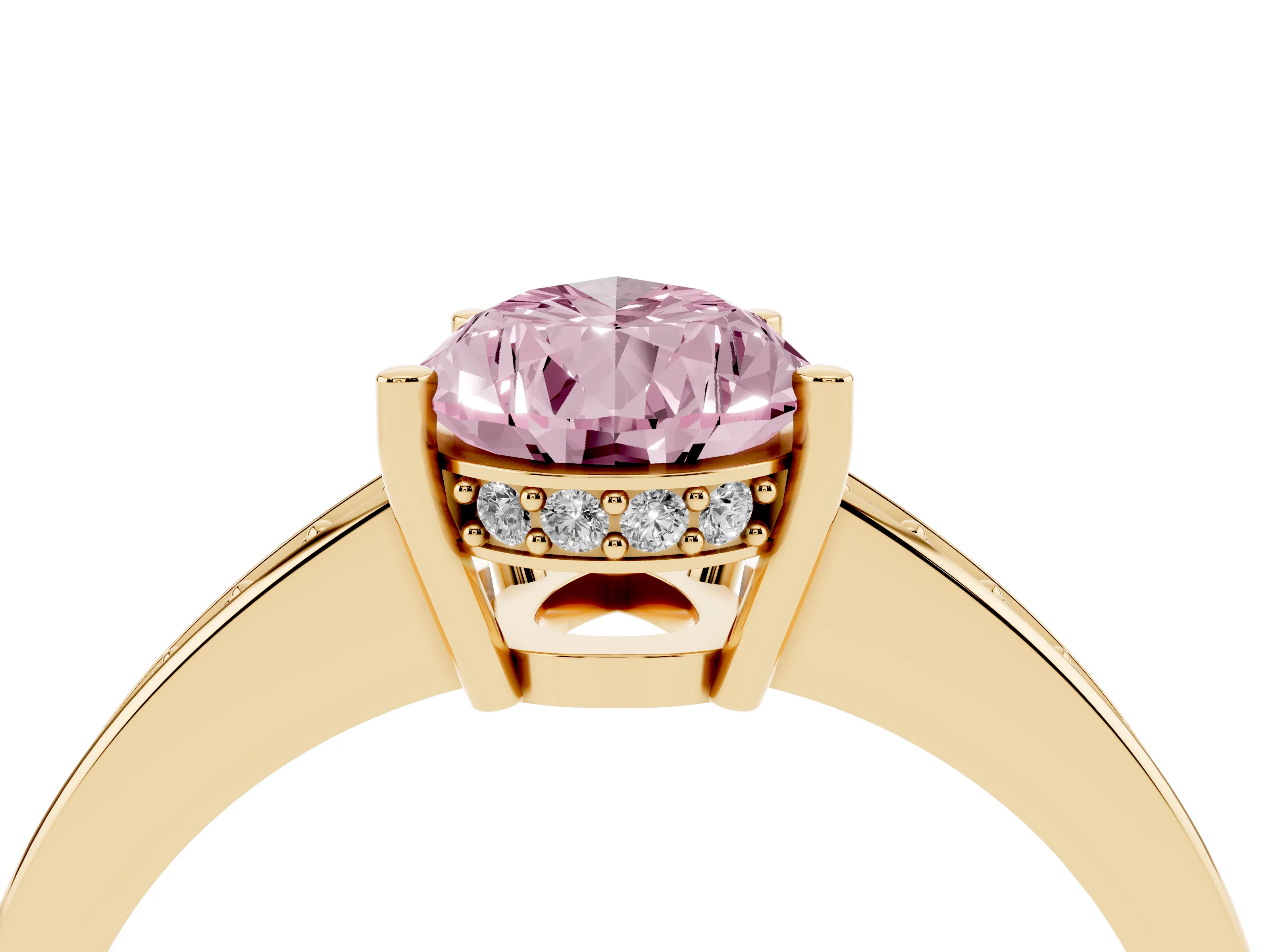 Fancy Pink Pear Cut Diamond Pavé Band Prong Set Solitaire Ring Set in Yellow gold
