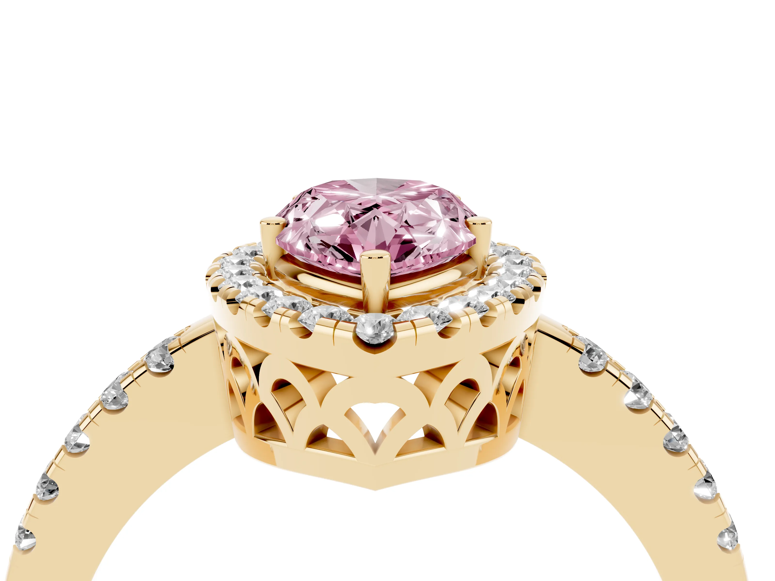 Fancy Pink Pear Cut Diamond Pavé Band Halo Engagement Ring Set in Yellow gold with Prong Setting
