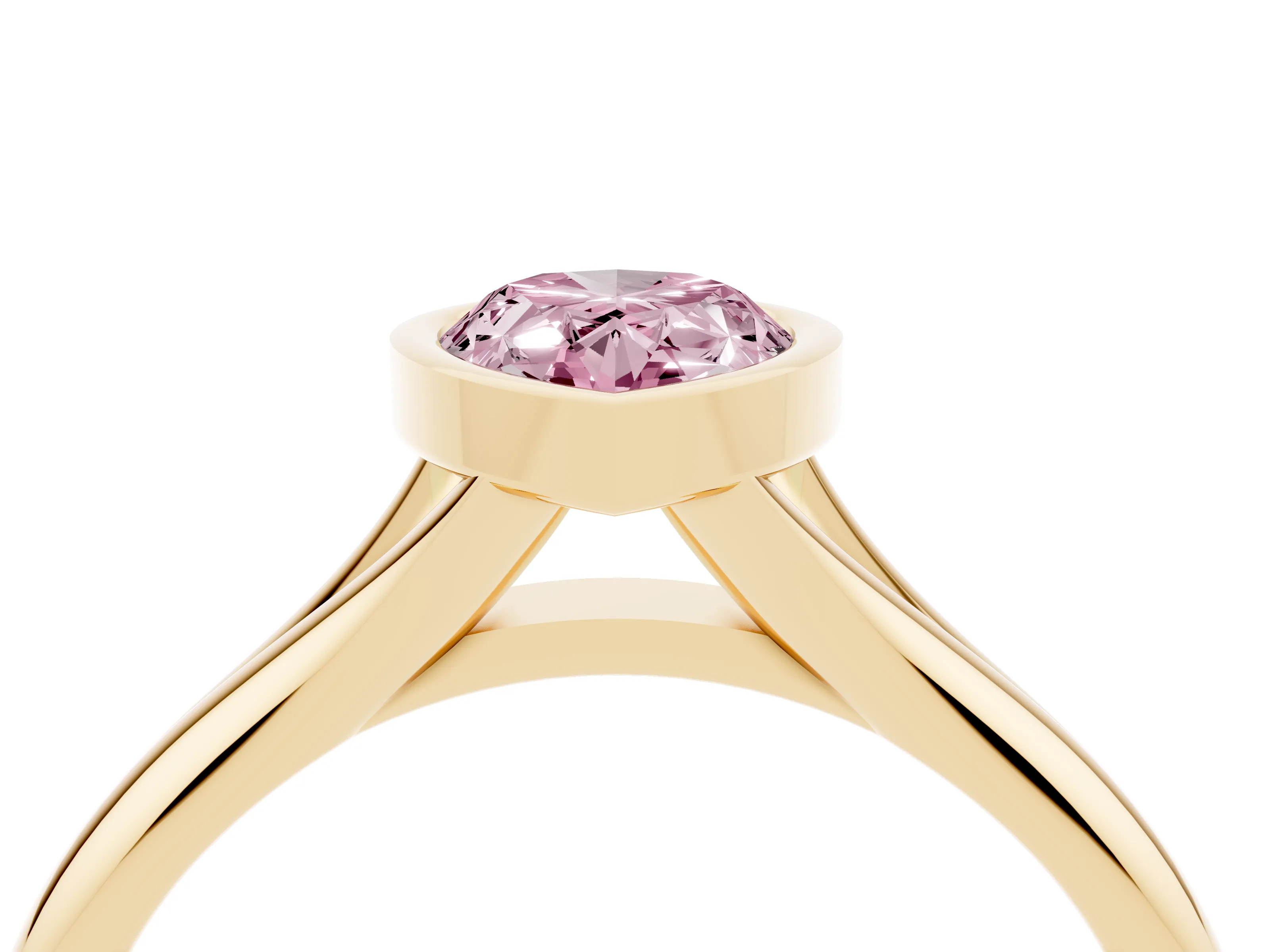 Fancy Pink Bezel Set Pear Cut Diamond Solitaire Ring Set in Yellow gold with Smooth Band