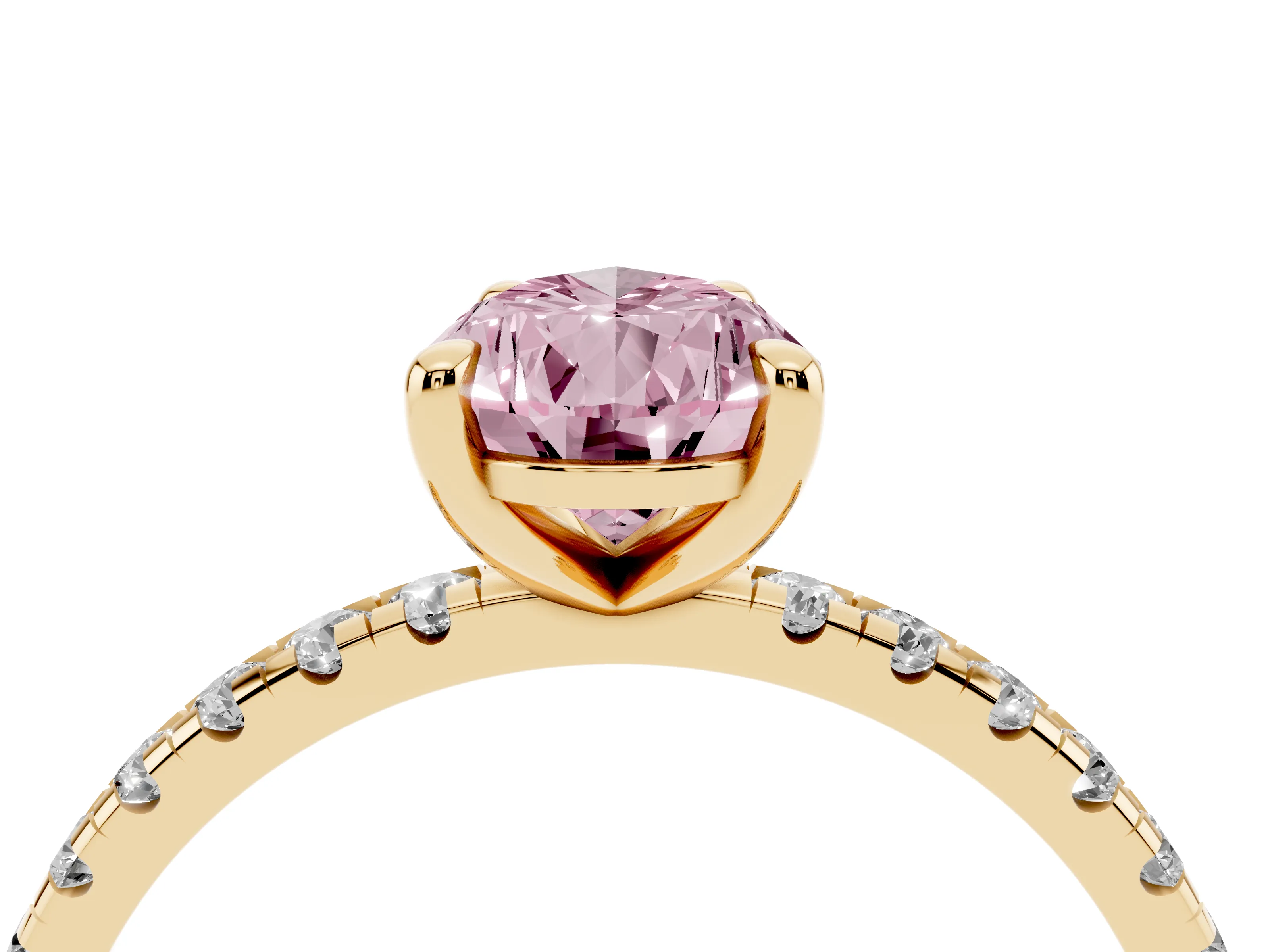Fancy Pink Pear Cut Diamond Brilliant Solitaire Ring Set in Yellow gold with Pavé Band and Prong Setting