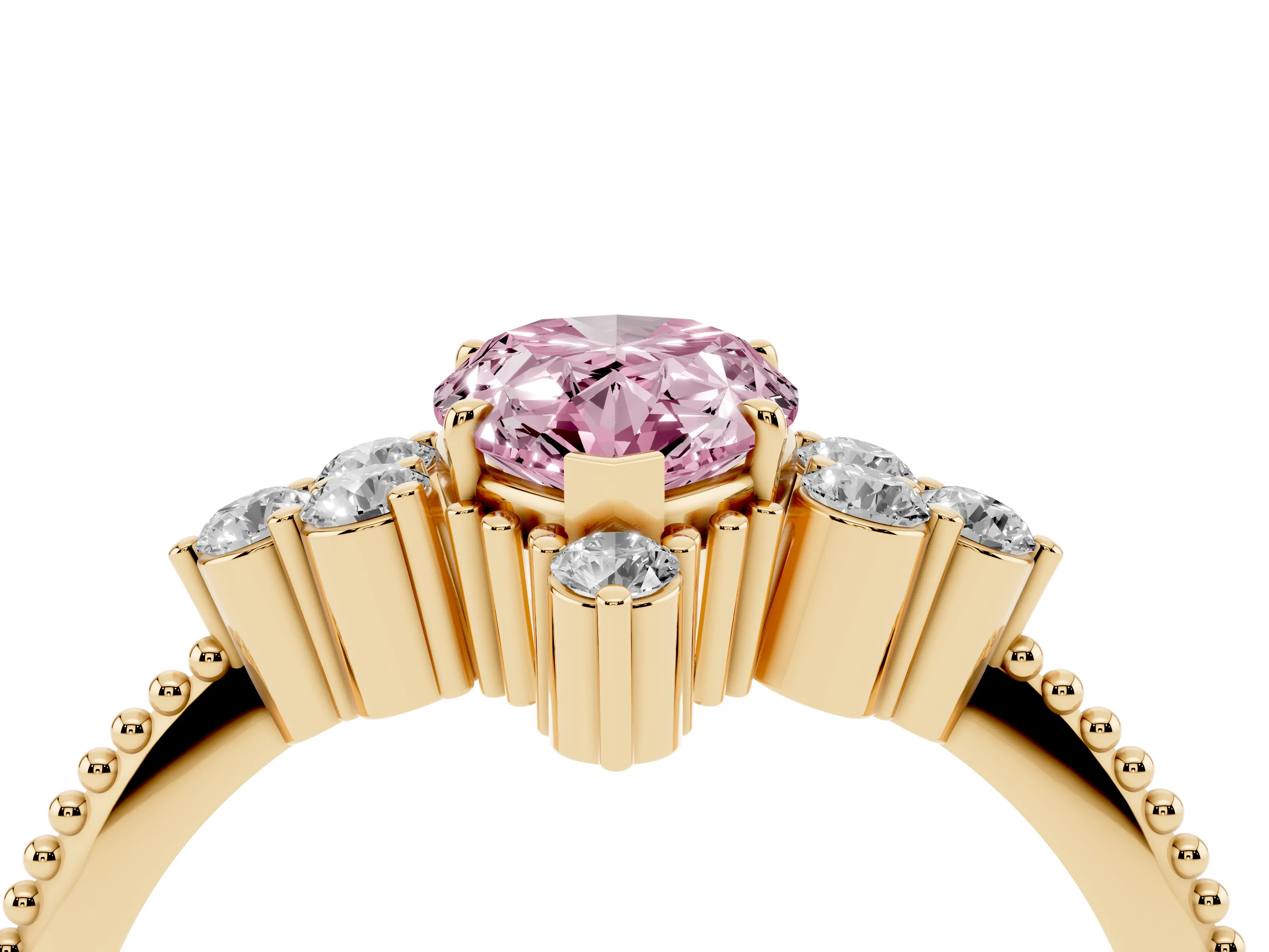 Fancy Pink Pear Cut Diamond Cluster Ring Set in Yellow gold with Beaded Band