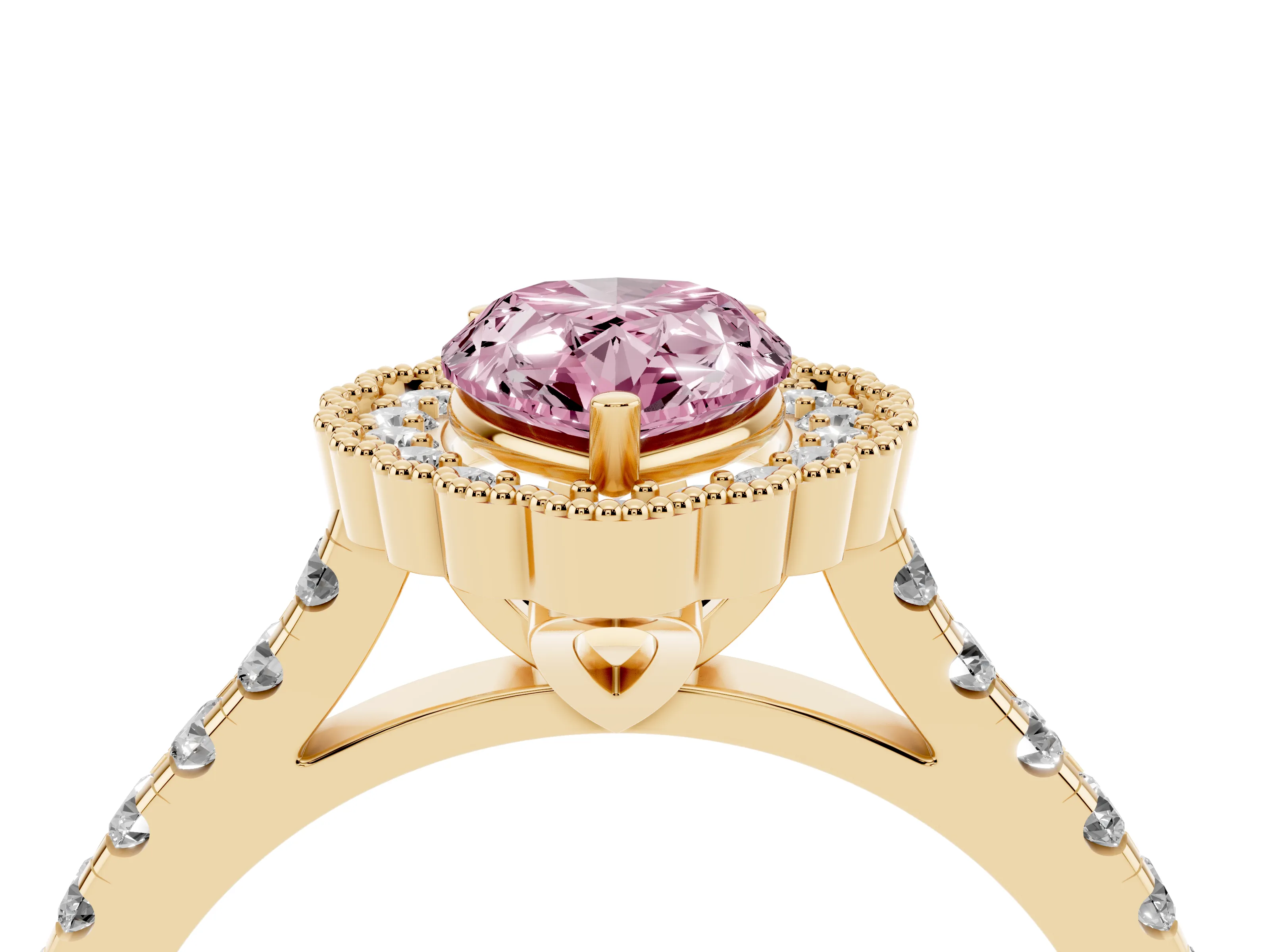 Fancy Pink Pear Cut Diamond Milgrain Floral Halo Engagement Ring Set in Yellow gold with Pavé Band