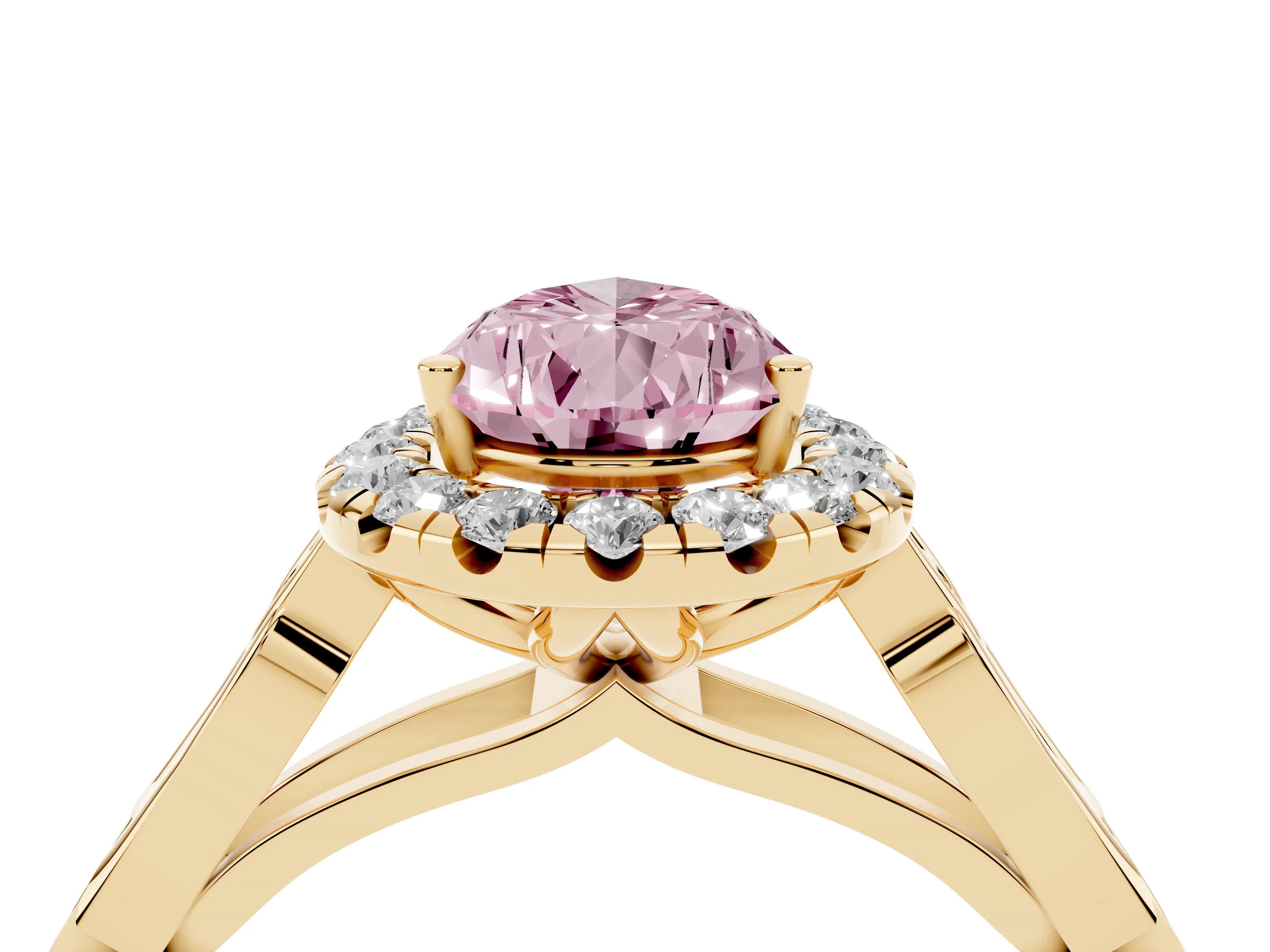 Fancy Pink Pear Cut Diamond Halo Engagement Ring Set in Yellow gold with Filigree Band and Prong-Set Center
