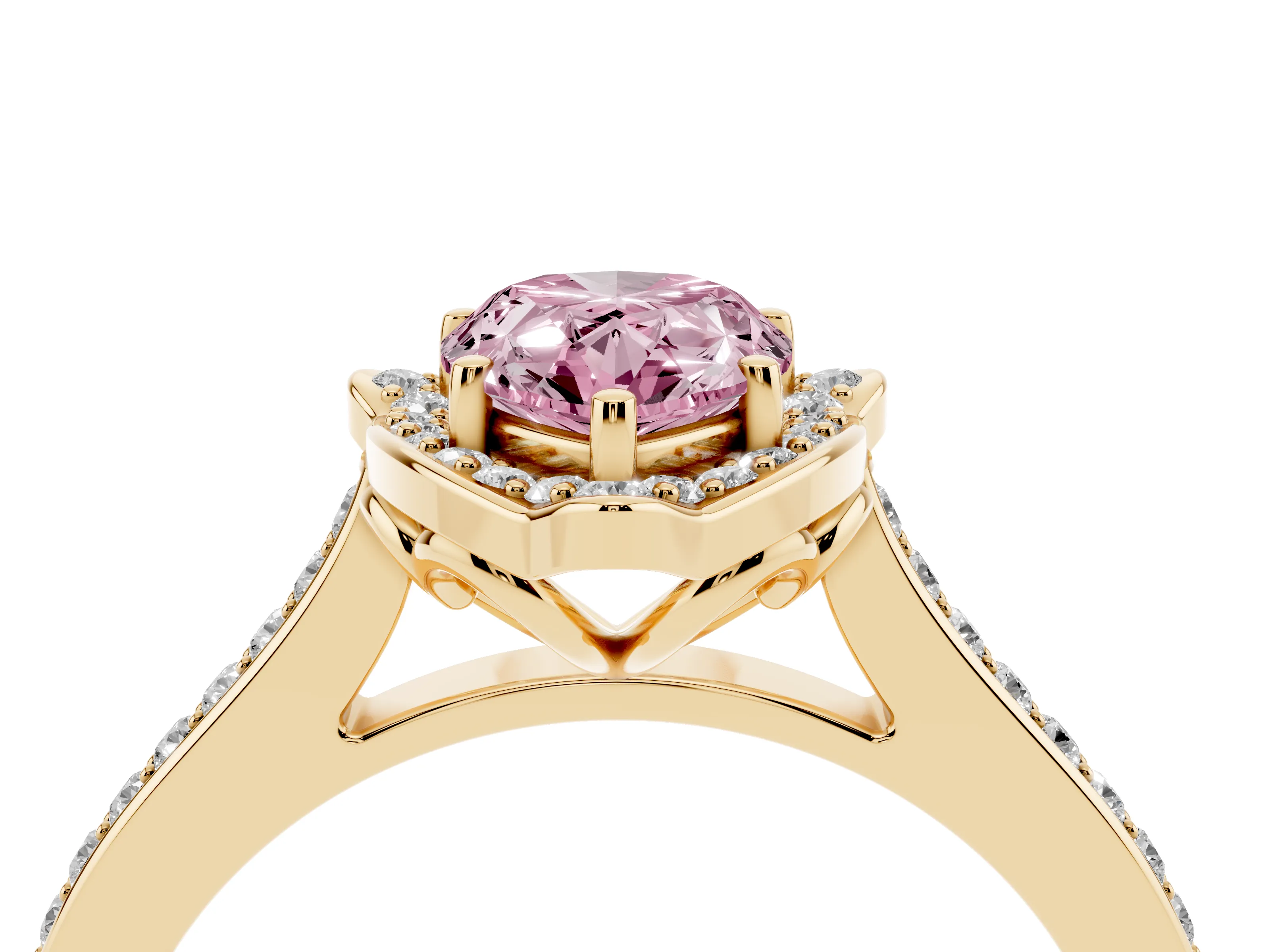 Fancy Pink Pear Cut Diamond Halo Ring Set in Yellow gold with Pavé-Lined Shoulders and Prong Setting