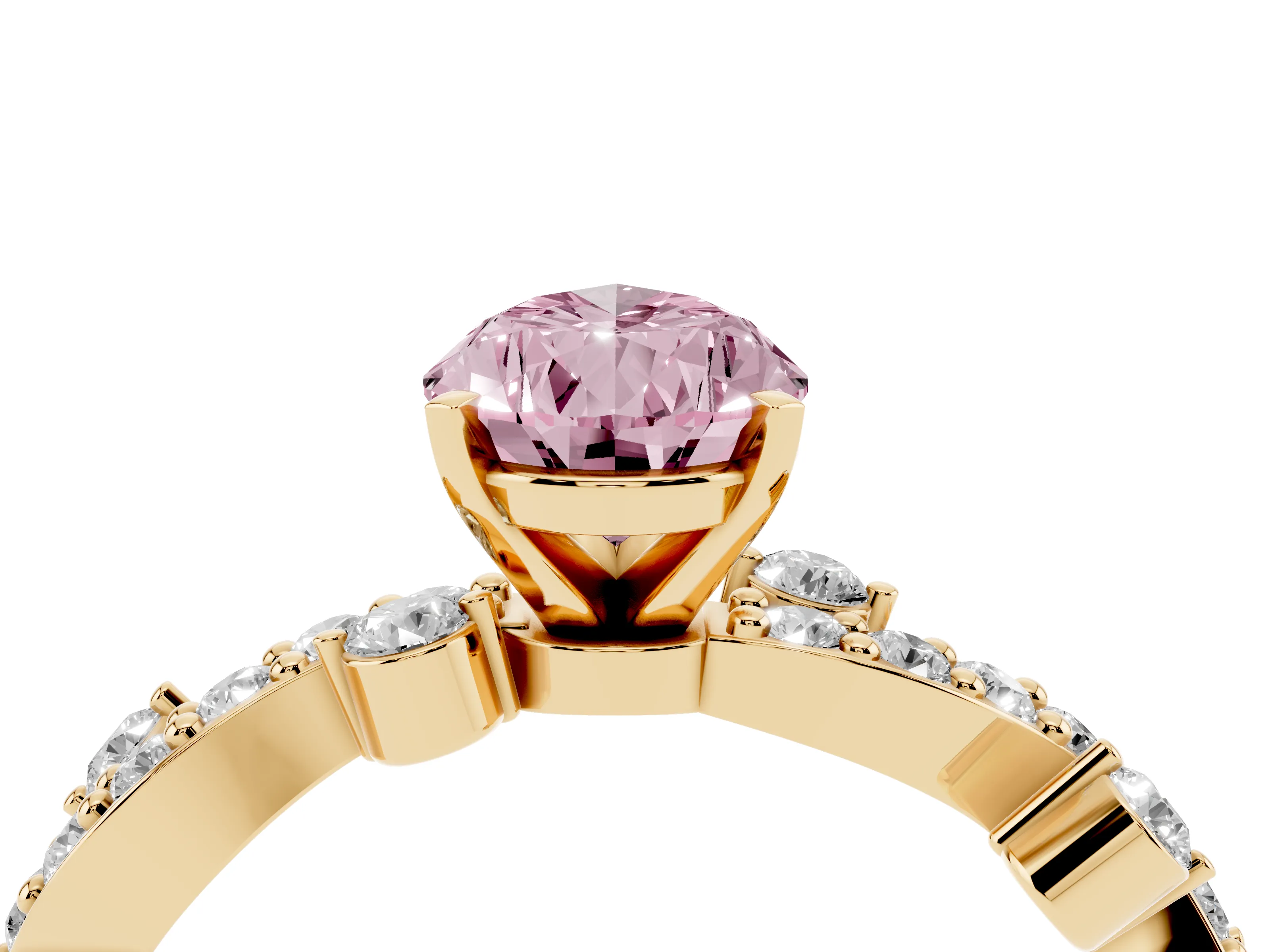 Fancy Pink Pear Cut Diamond Solitaire Twisted Band Set in Yellow gold with Pavé Setting