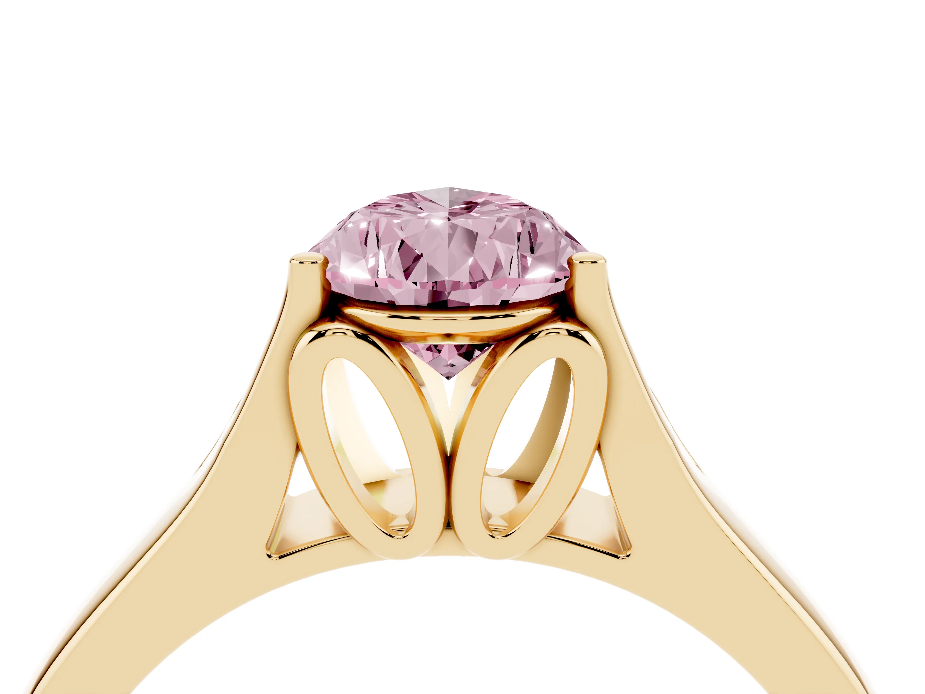 Fancy Pink Pear Cut Diamond Solitaire Ring Set in Yellow gold with Arched Cathedral Band and Prong Setting