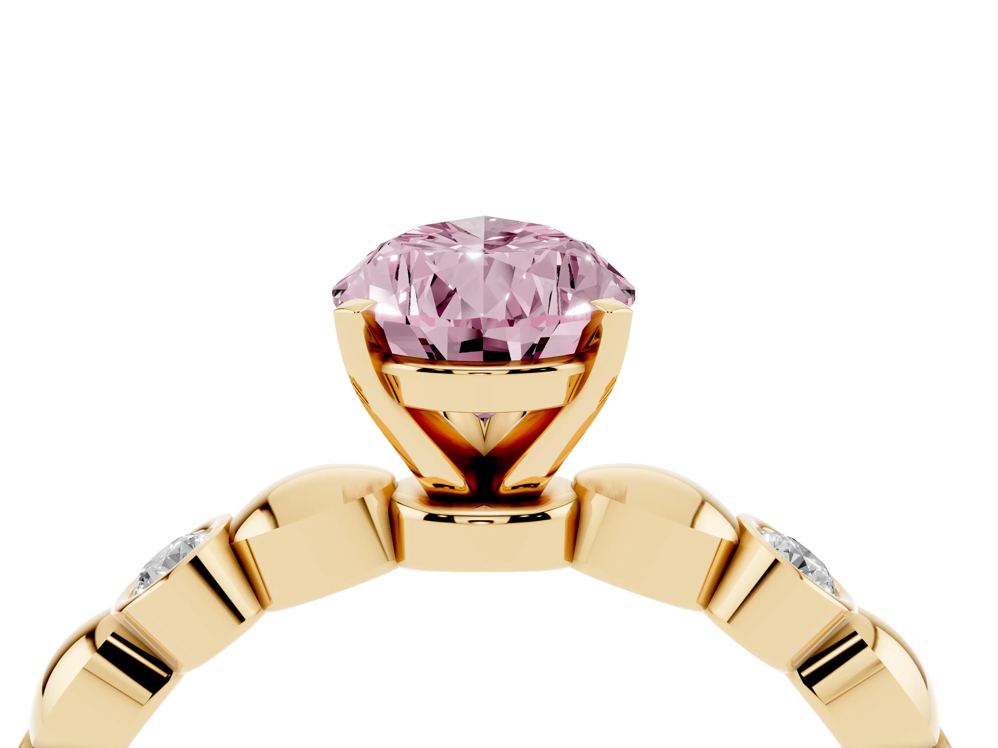 Fancy Pink Pear Cut Diamond Solitaire Ring Set in Yellow gold with Bezel-Set Accents on Beaded Band and Prong Setting