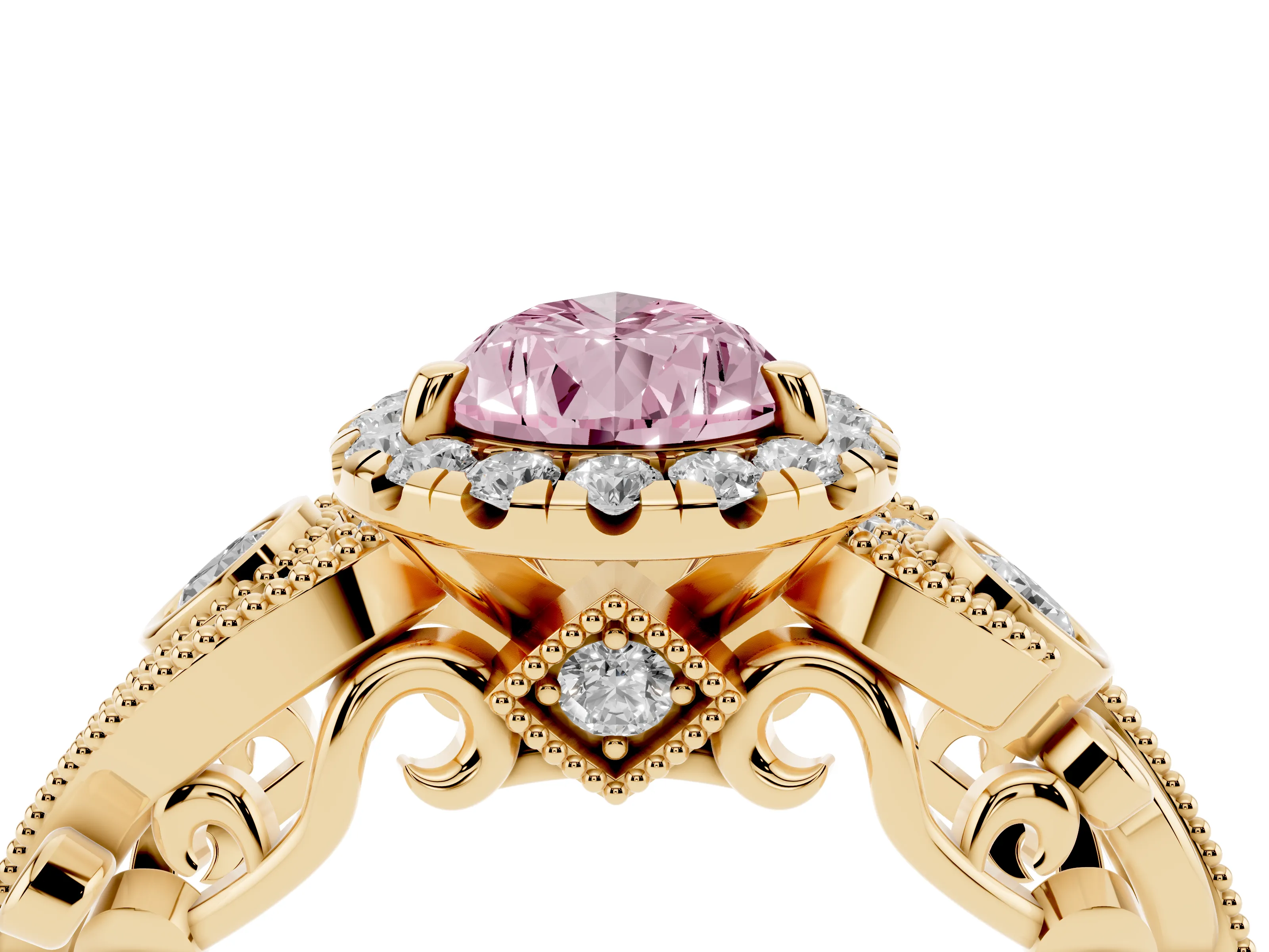 Fancy Pink Pear Cut Diamond Halo Ring Set in Yellow gold with Milgrain Pavé Band and Prong Setting
