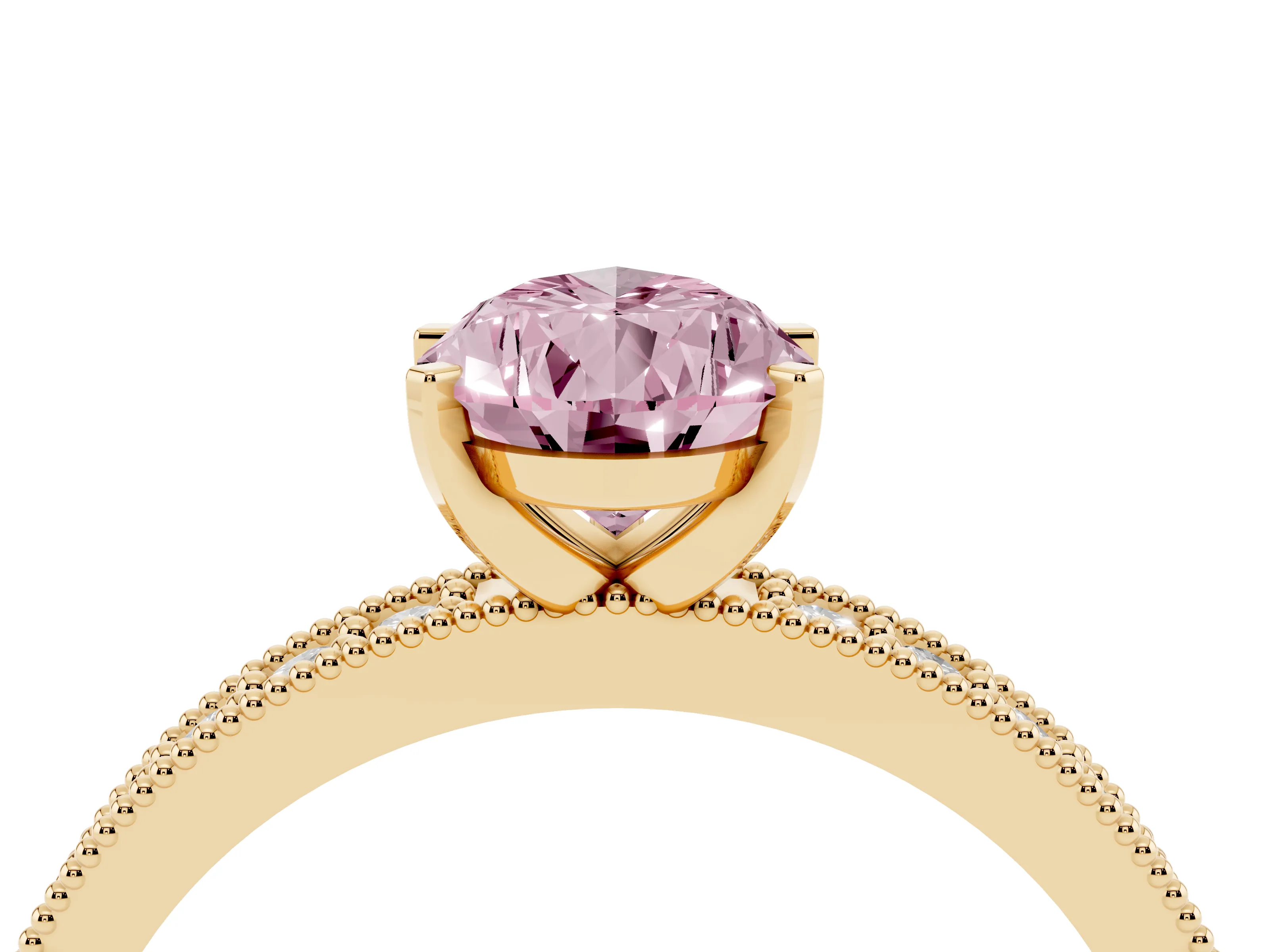 Fancy Pink Pear Cut Diamond Milgrain Pavé Engagement Ring Set in Yellow gold with Prong Setting
