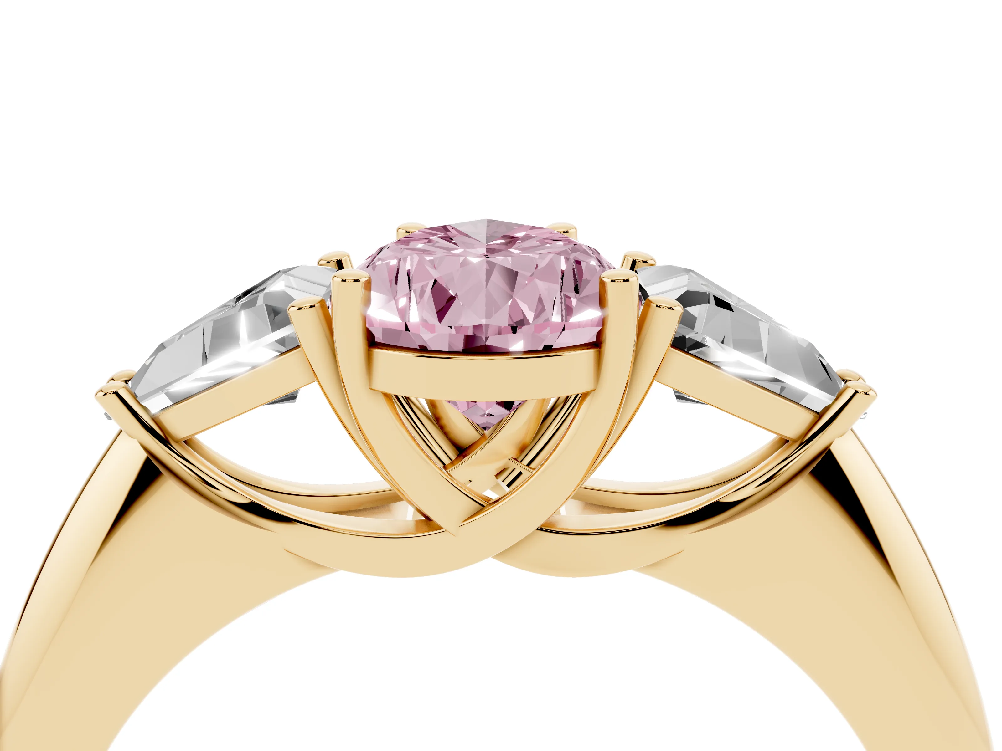 Fancy Pink Pear Cut Diamond Three-Stone Engagement Ring Set in Yellow gold with Trillion Side Stones