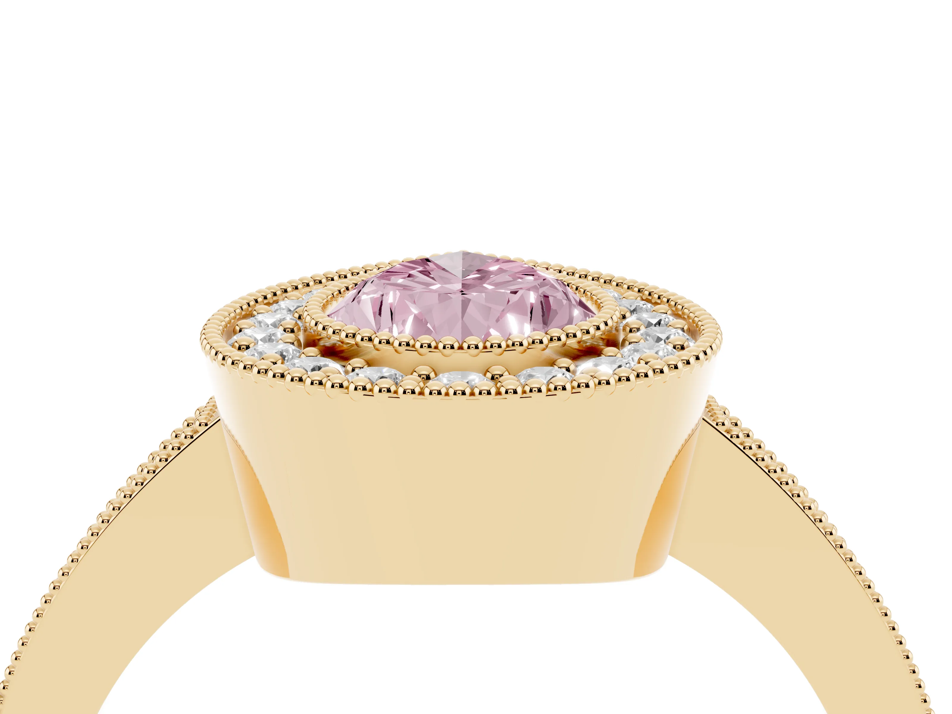 Fancy Pink Pear Cut Diamond Halo Engagement Ring Set in Yellow gold with Pavé Band and Round Halo Stones
