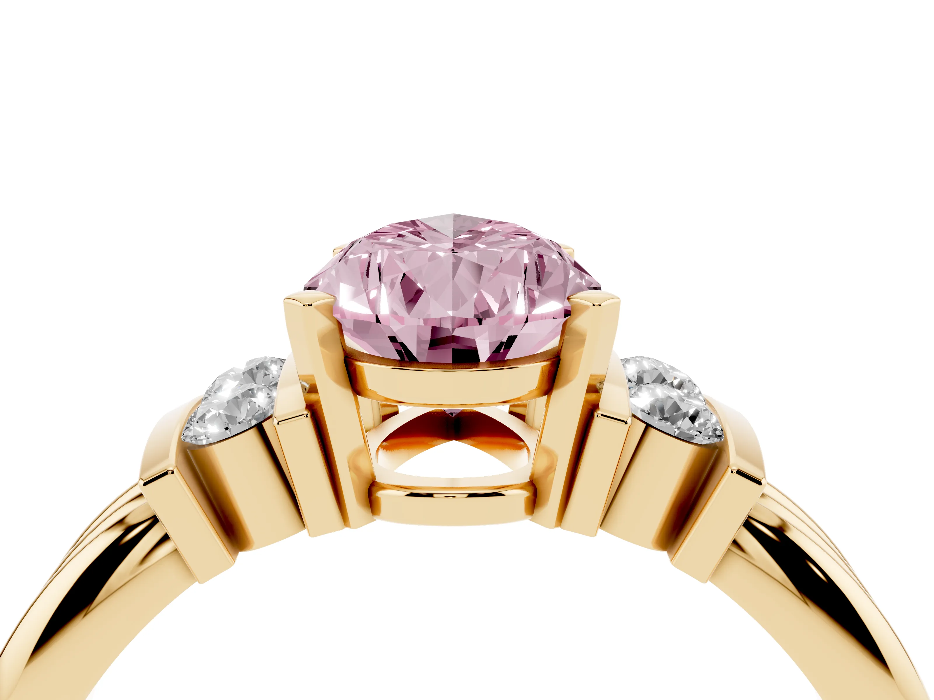Fancy Pink Three-Stone Pear Cut Diamond Channel Set Ring Set in Yellow gold with Bar Prongs