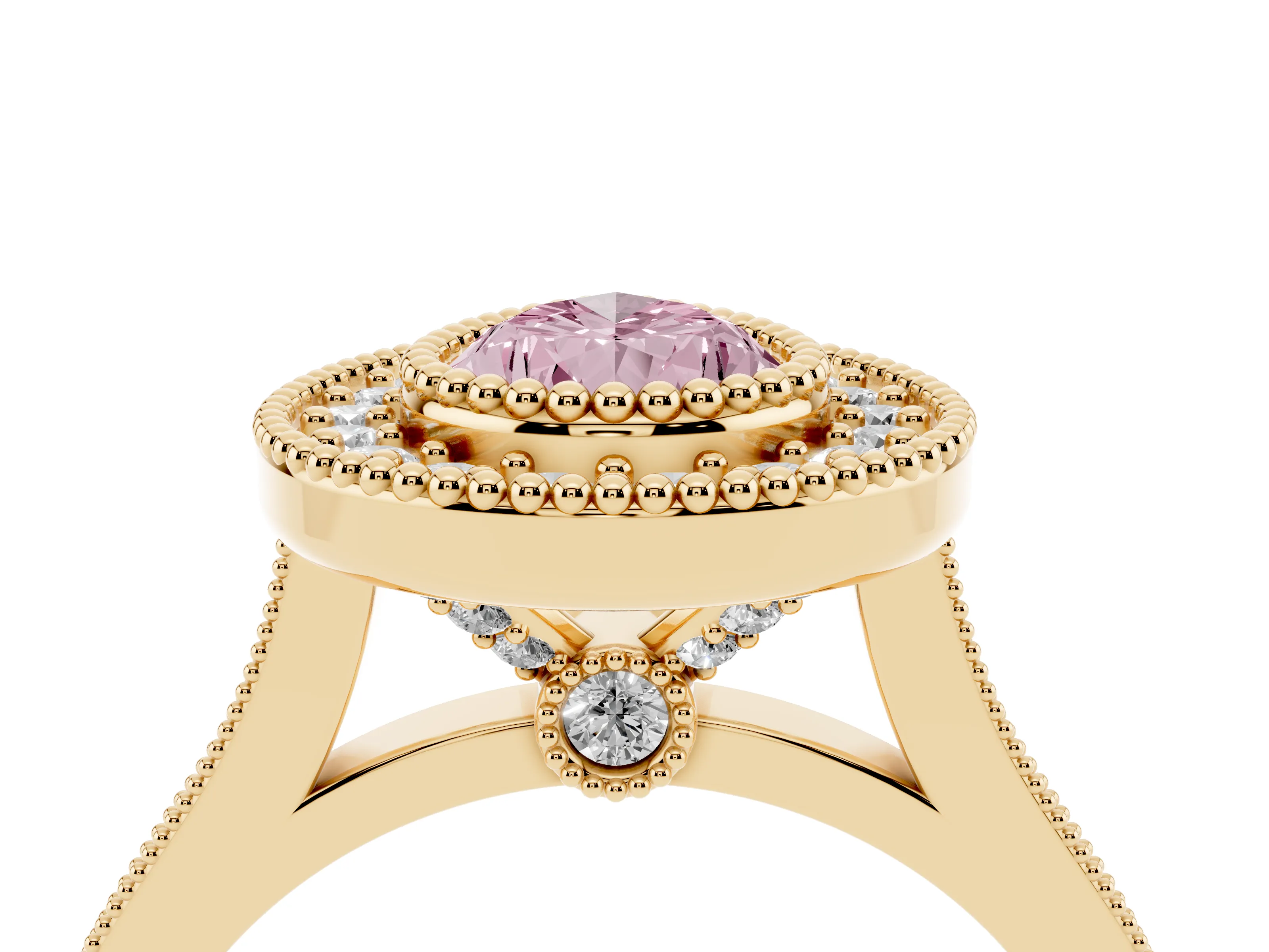 Fancy Pink Pear Cut Diamond Halo Ring Set in Yellow gold with Milgrain Frame and Pavé Band