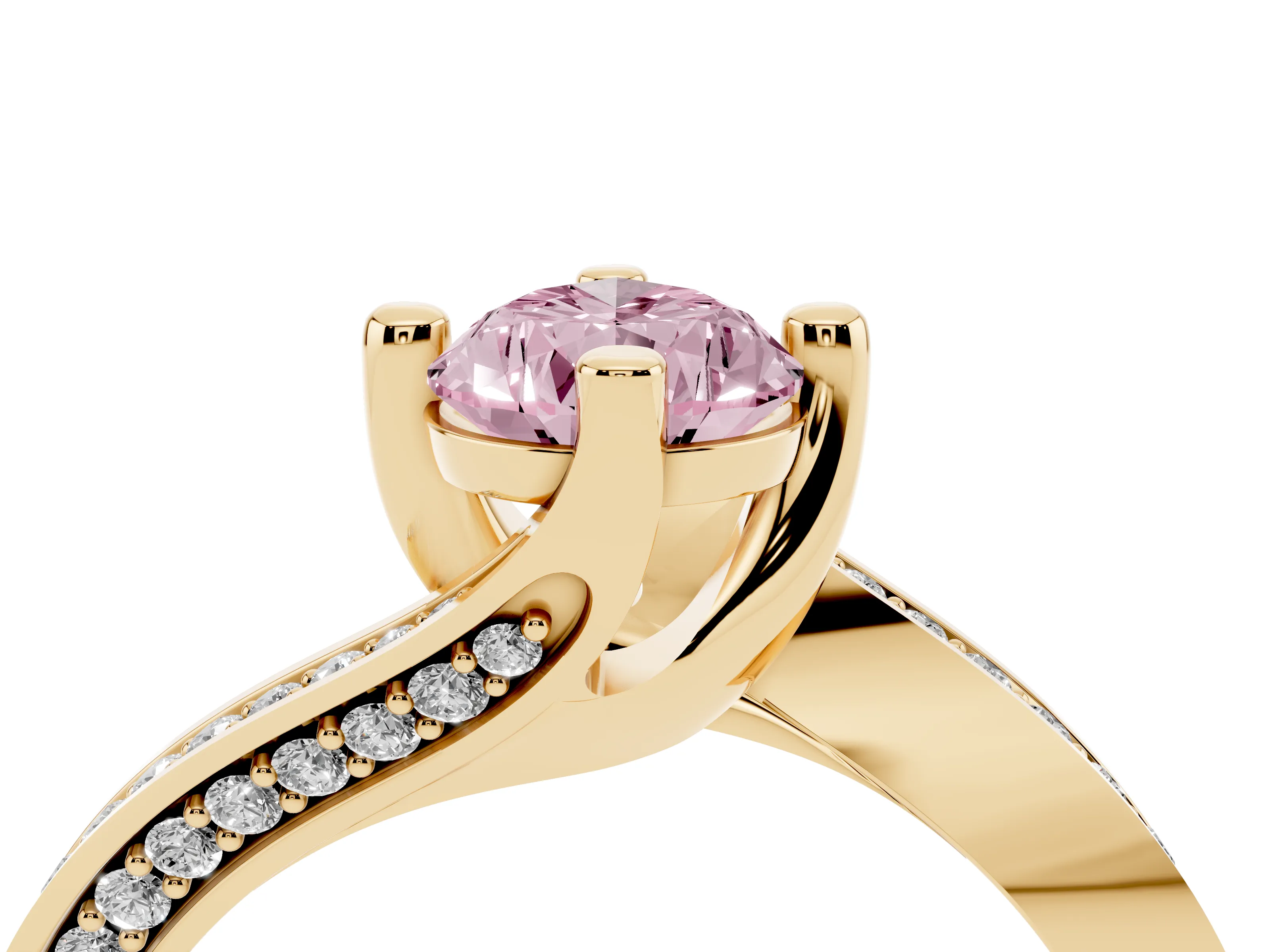 Fancy Pink Pear Cut Diamond Solitaire Ring Set in Yellow gold with Intertwined Pavé Twist Band