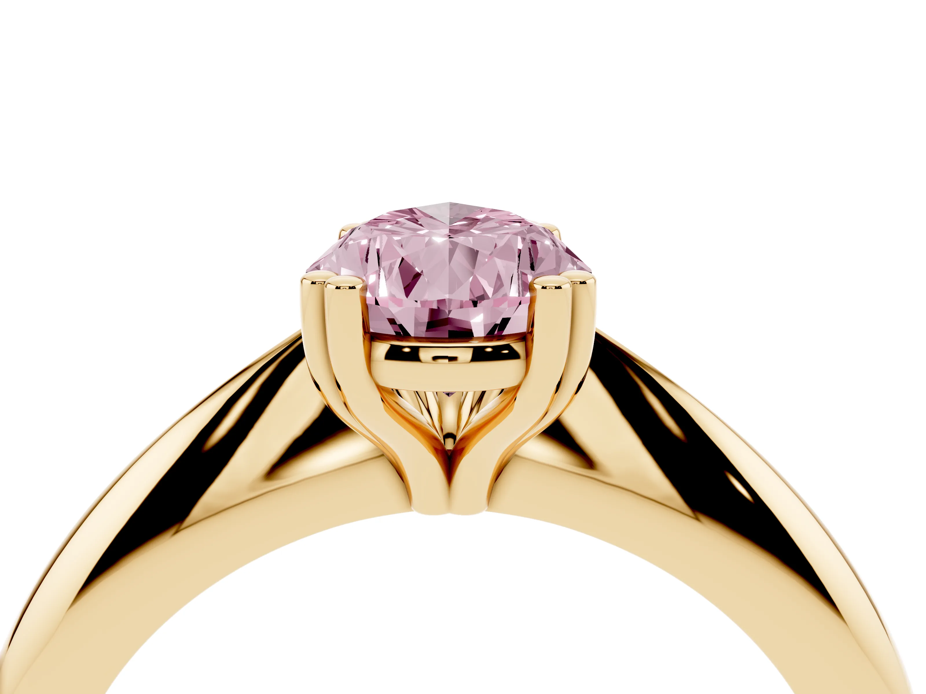 Fancy Pink Pear Cut Diamond Solitaire Engagement Ring Set in Yellow gold with Tapered Band and Prong Setting