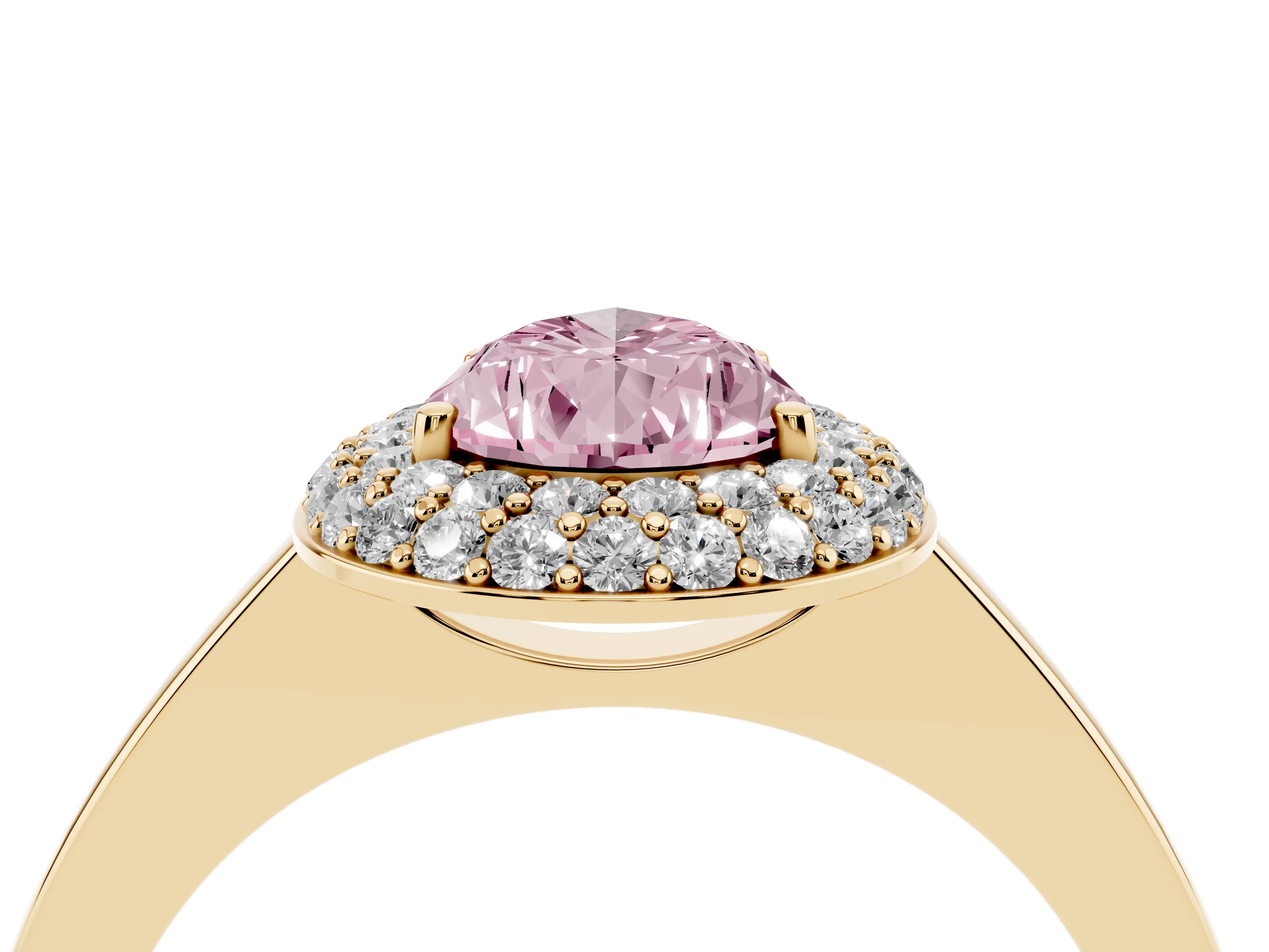 Fancy Pink Pear Cut Diamond Halo Engagement Ring Set in Yellow gold with Solitaire Band and Prong Setting