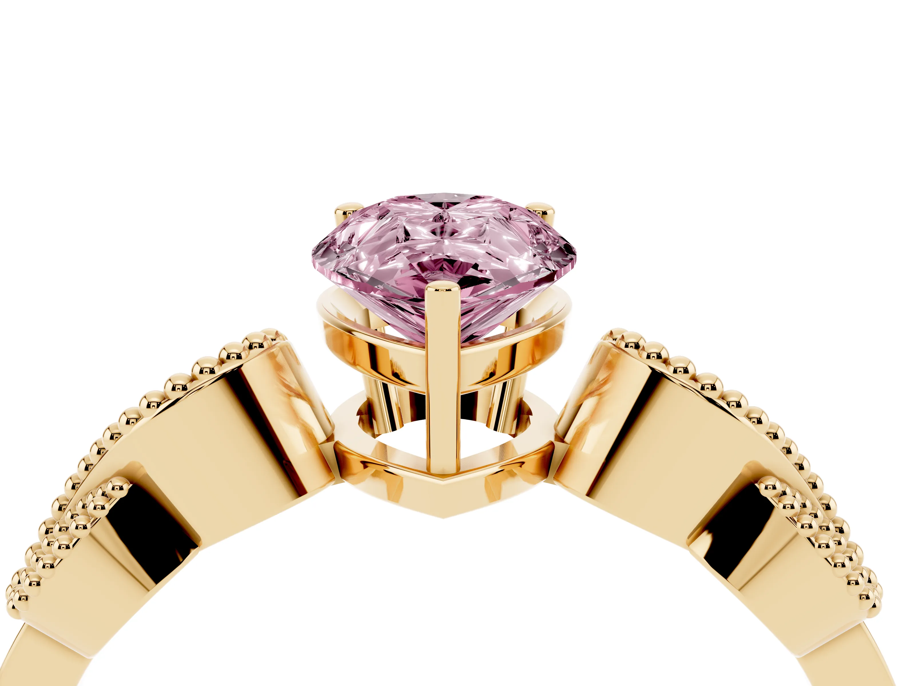Fancy Pink Pear Cut Diamond Milgrain Leaf Band Solitaire Ring Set in Yellow gold with Accent Stones and Prong Setting