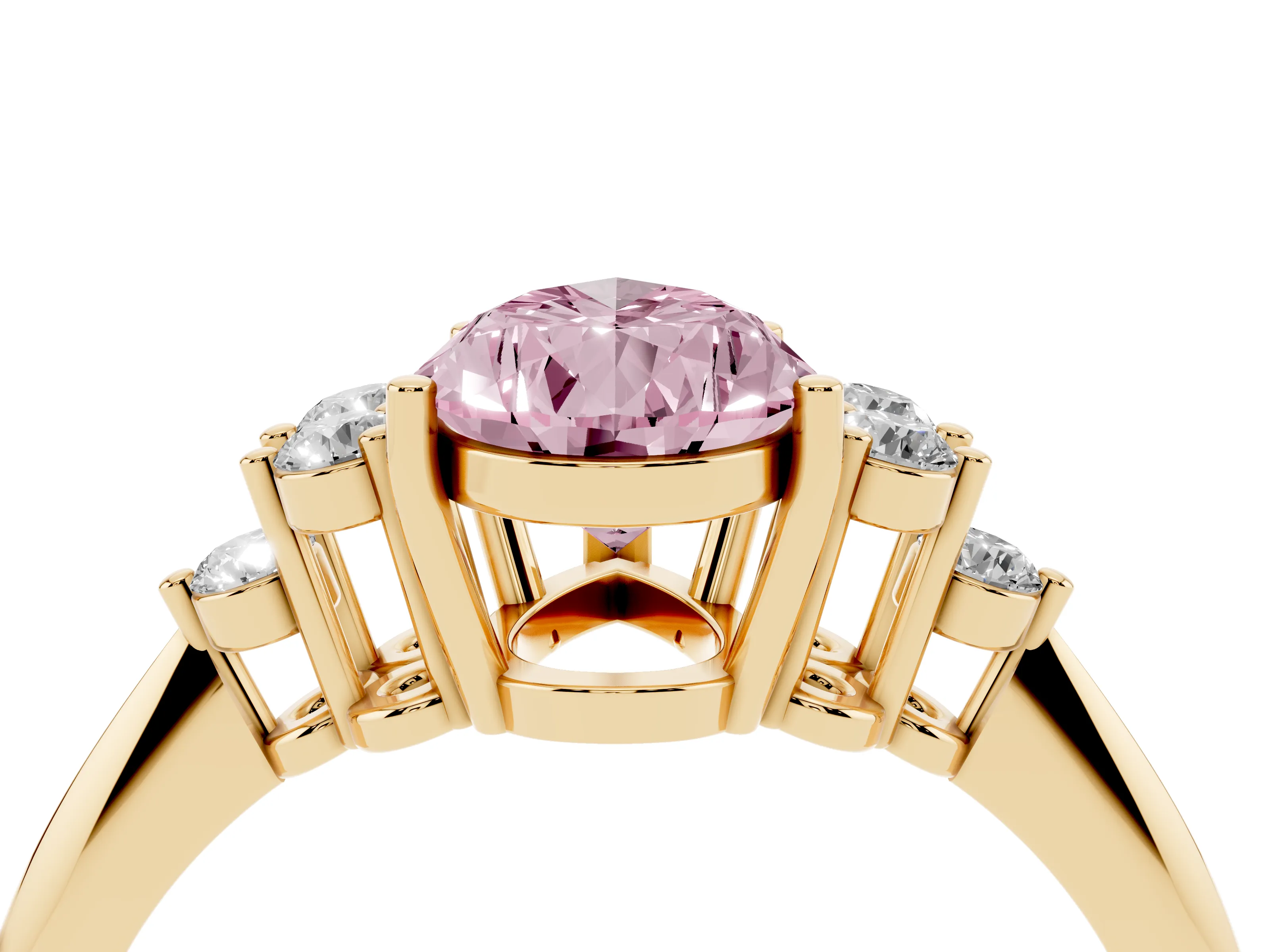 Fancy Pink Pear Cut Diamond Cluster Ring Set in Yellow gold with Plain Band and Prong Setting