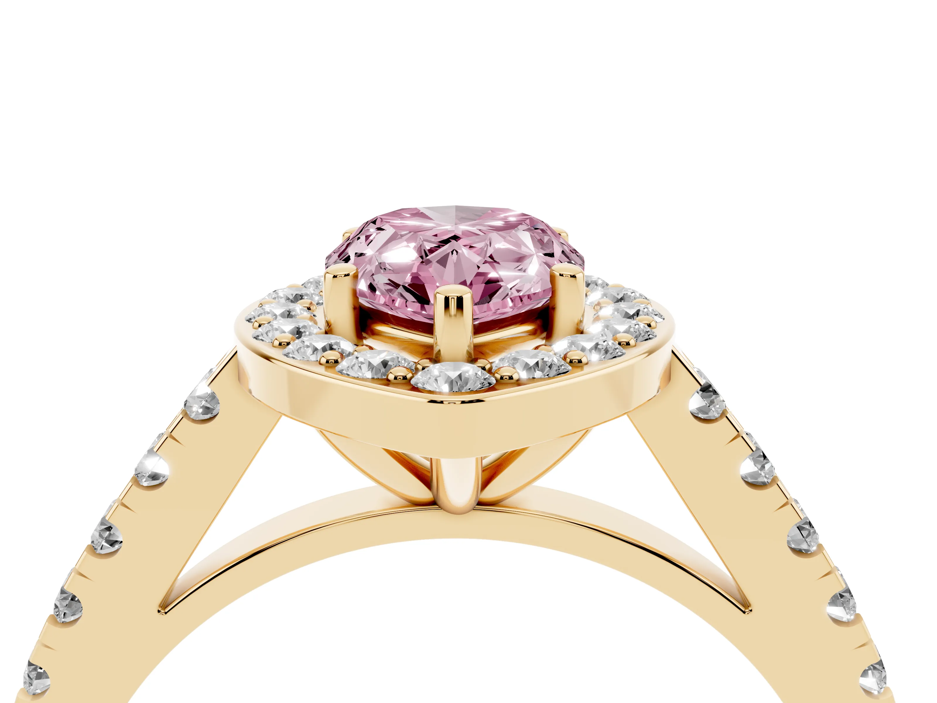 Fancy Pink Pear Cut Diamond Halo Ring Set in Yellow gold with Round Pavé Split Shank and Prong Setting