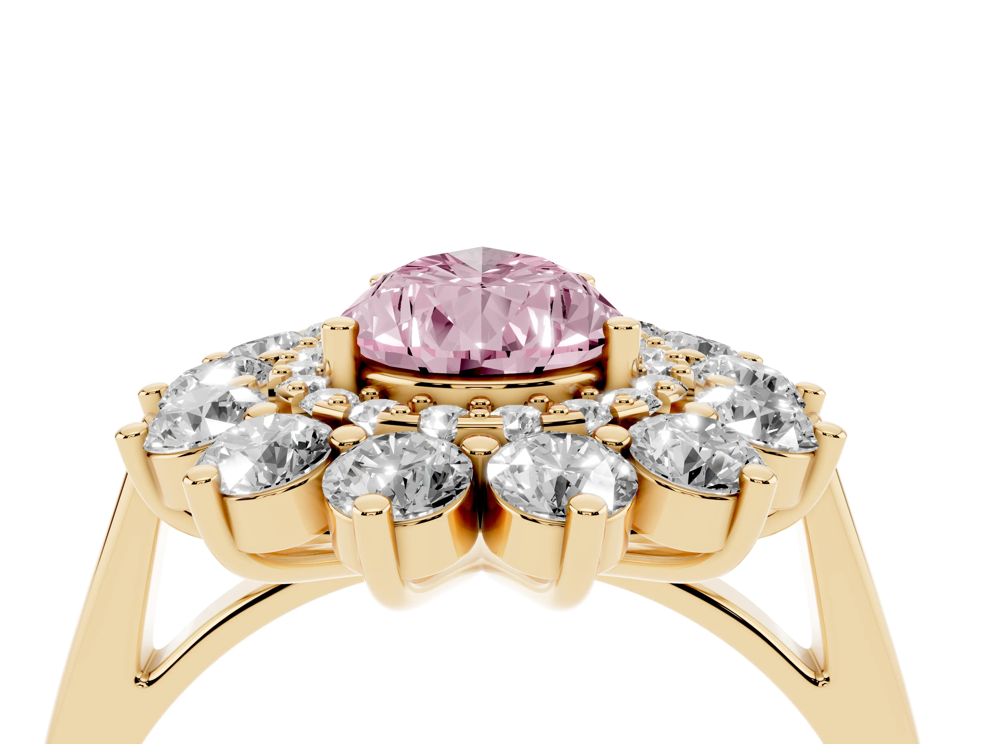 Fancy Pink Pear Cut Diamond Floral Double Halo Ring Set in Yellow gold with Round Petals