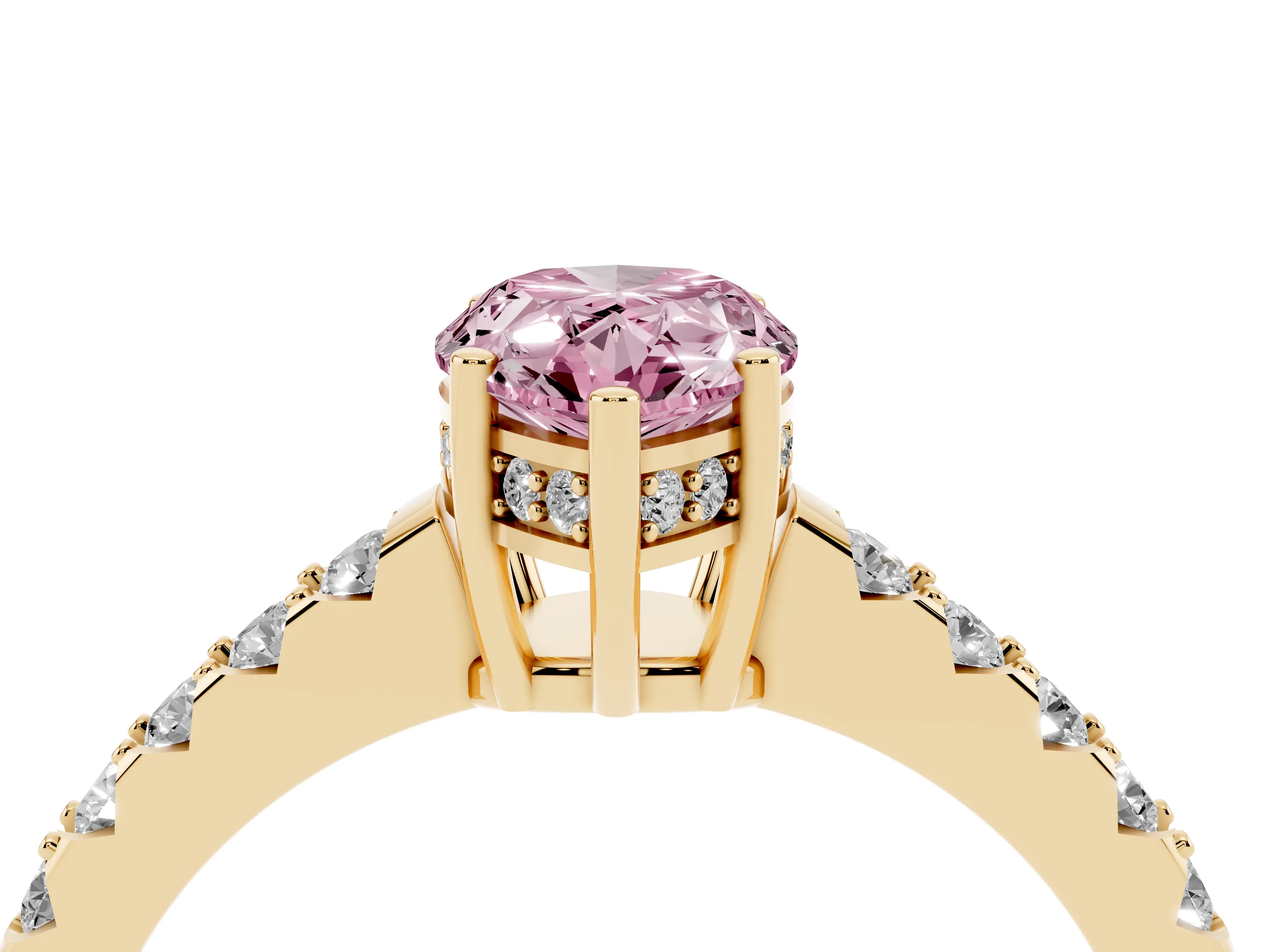 Fancy Pink Pear Cut Diamond Solitaire Engagement Ring Set in Yellow gold with Pavé Band and Prong Setting