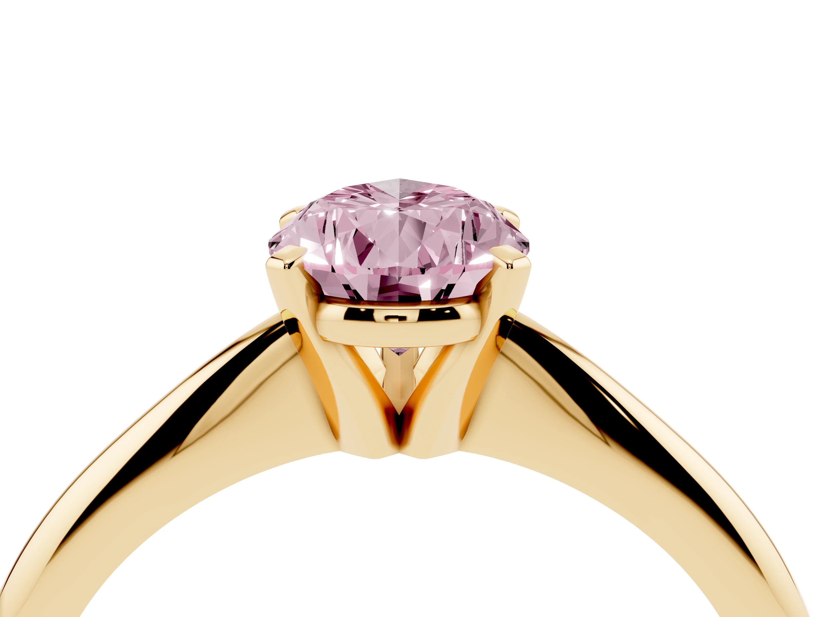 Fancy Pink Pear Cut Diamond Solitaire Ring Set in Yellow gold with Prong Setting on a Plain Round Band