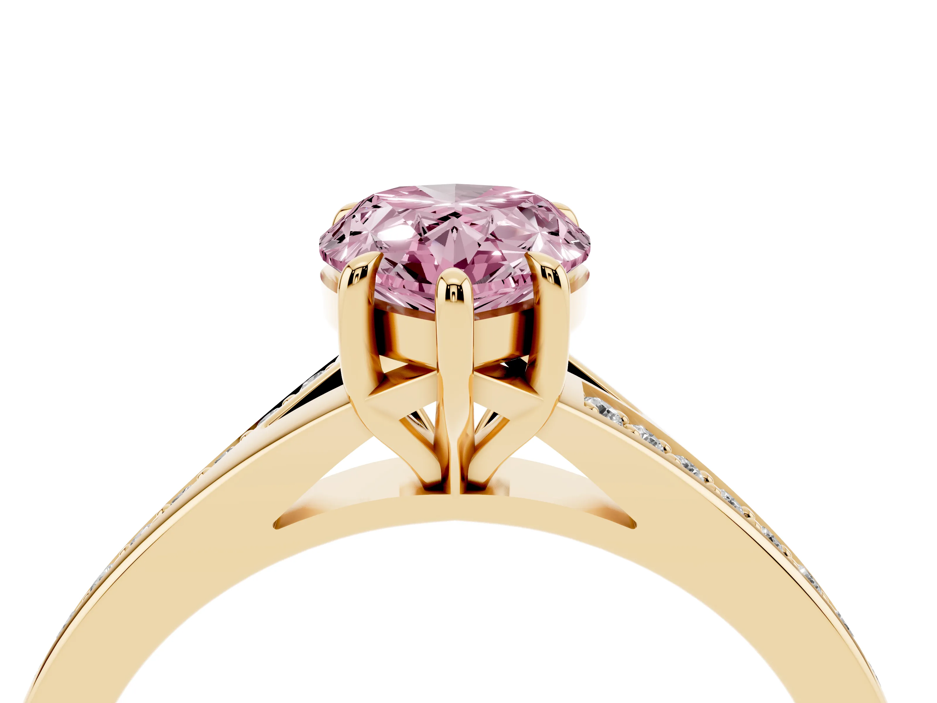 Fancy Pink Pear Cut Diamond Solitaire Ring Set in Yellow gold with Pavé Accent Band and Classic Prong Setting