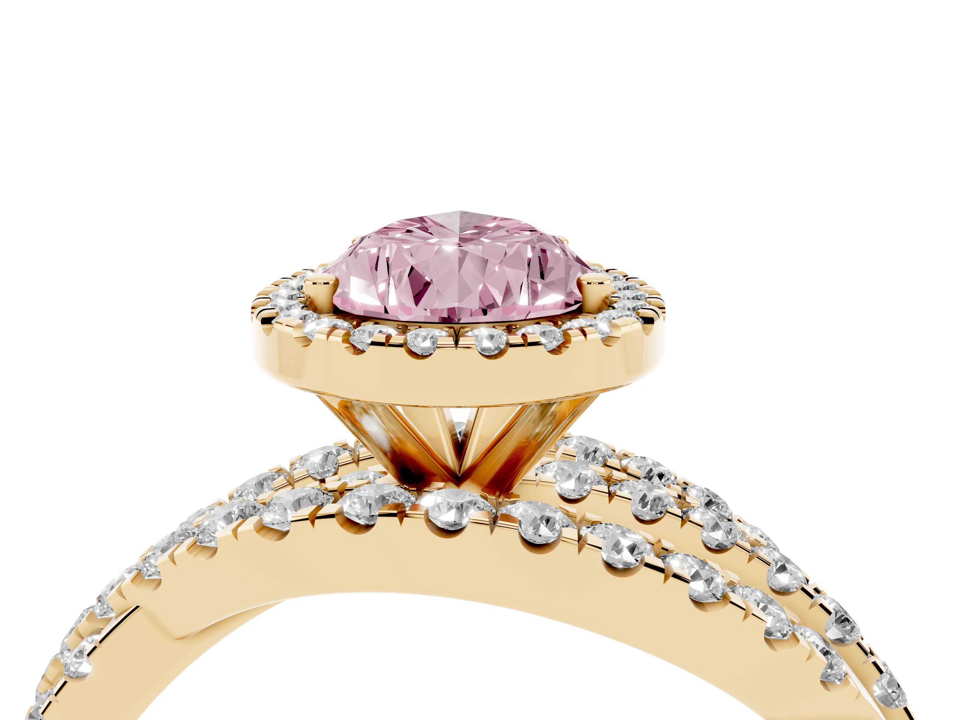 Fancy Pink Pear Cut Diamond Halo Ring Set in Yellow gold with Round Crossover Split Shank and Prong Setting