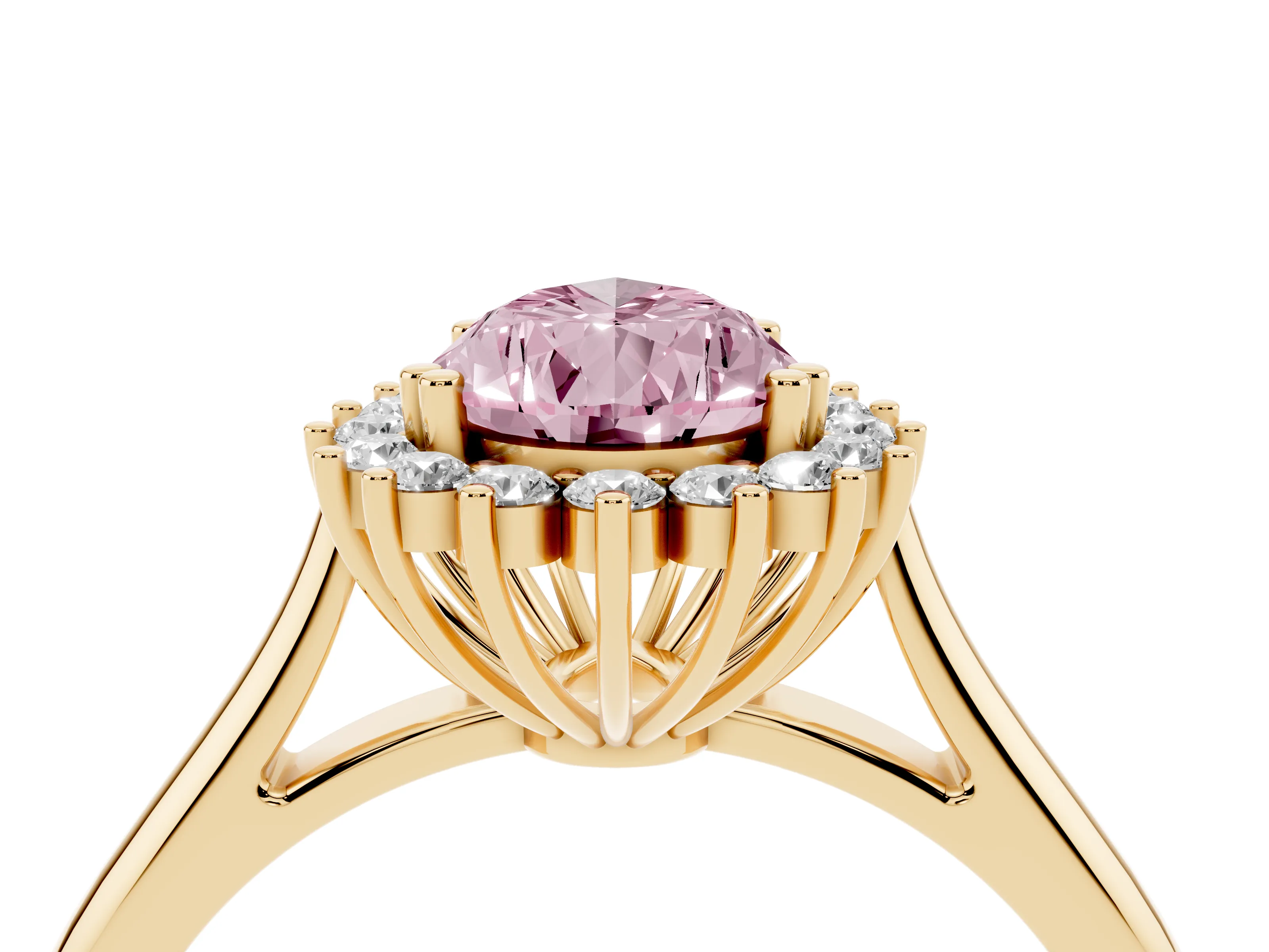 Fancy Pink Pear Cut Diamond Halo Ring Set in Yellow gold with Plain Solitaire Band and Prong Setting