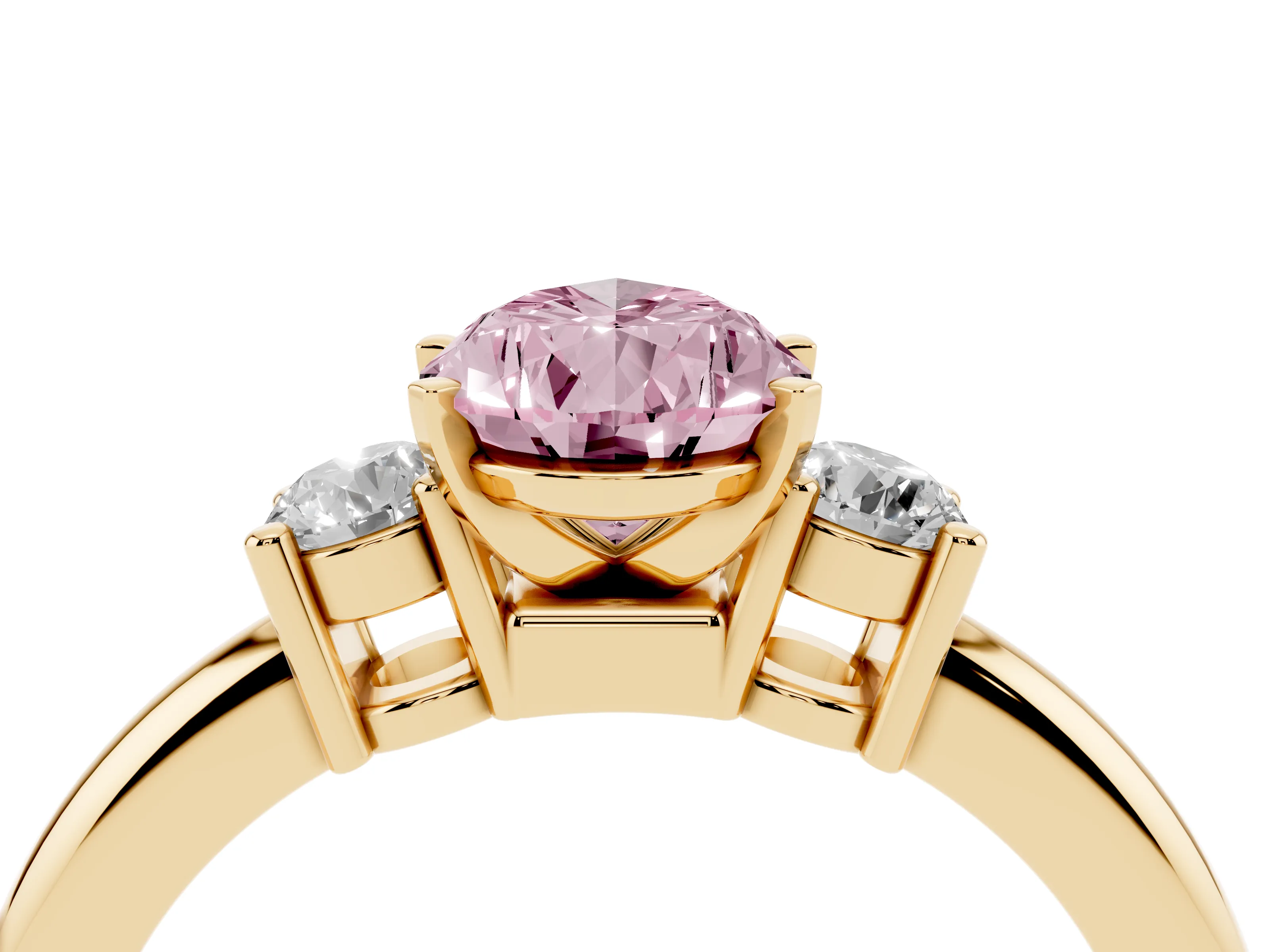 Fancy Pink Three-Stone Pear Cut Diamond Ring Set in Yellow gold with Prong Setting and Plain Band