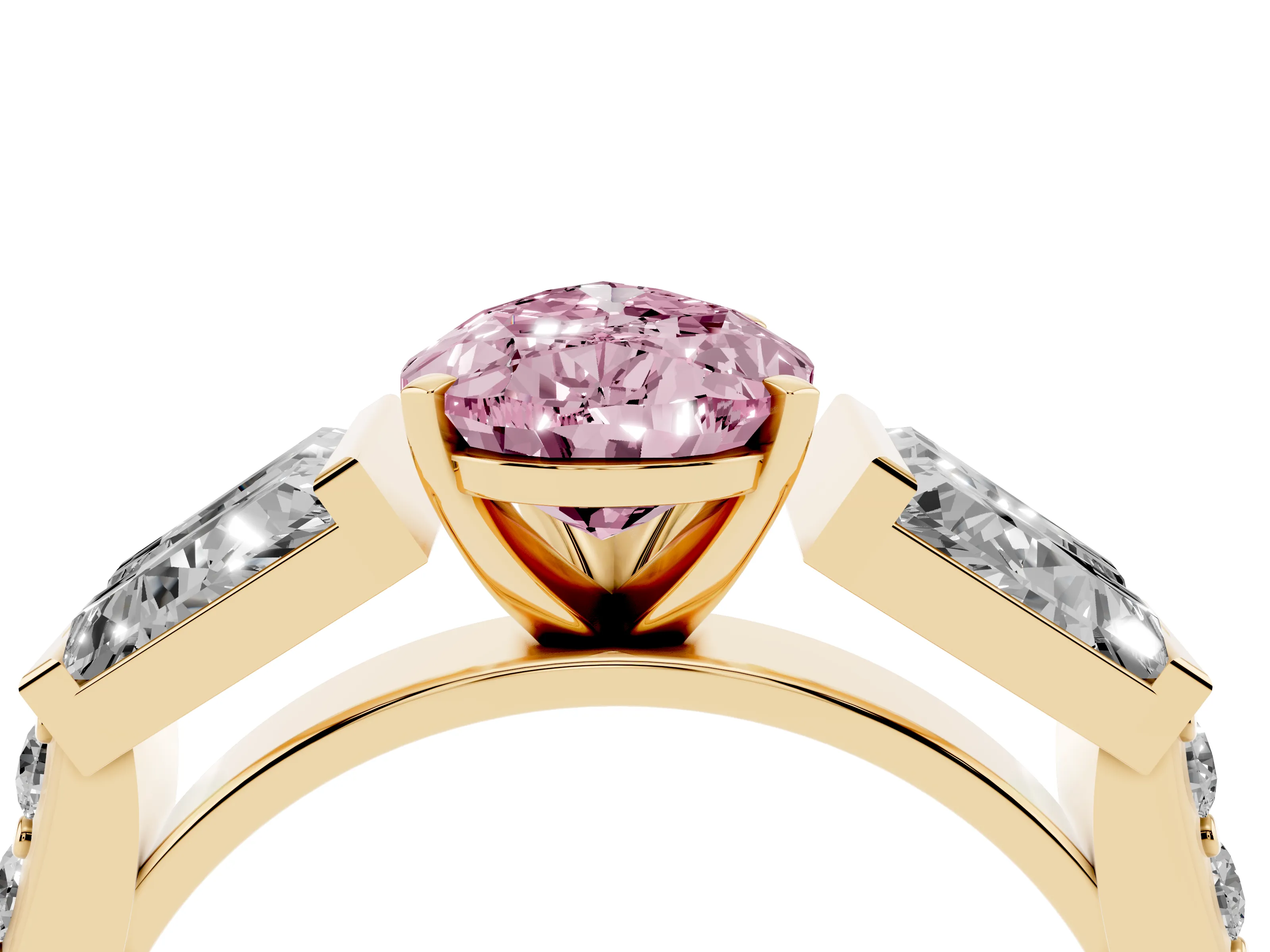 Fancy Pink Pear Cut Diamond Engagement Ring Set in Yellow gold with Baguette Side Stones and Channel Set Band