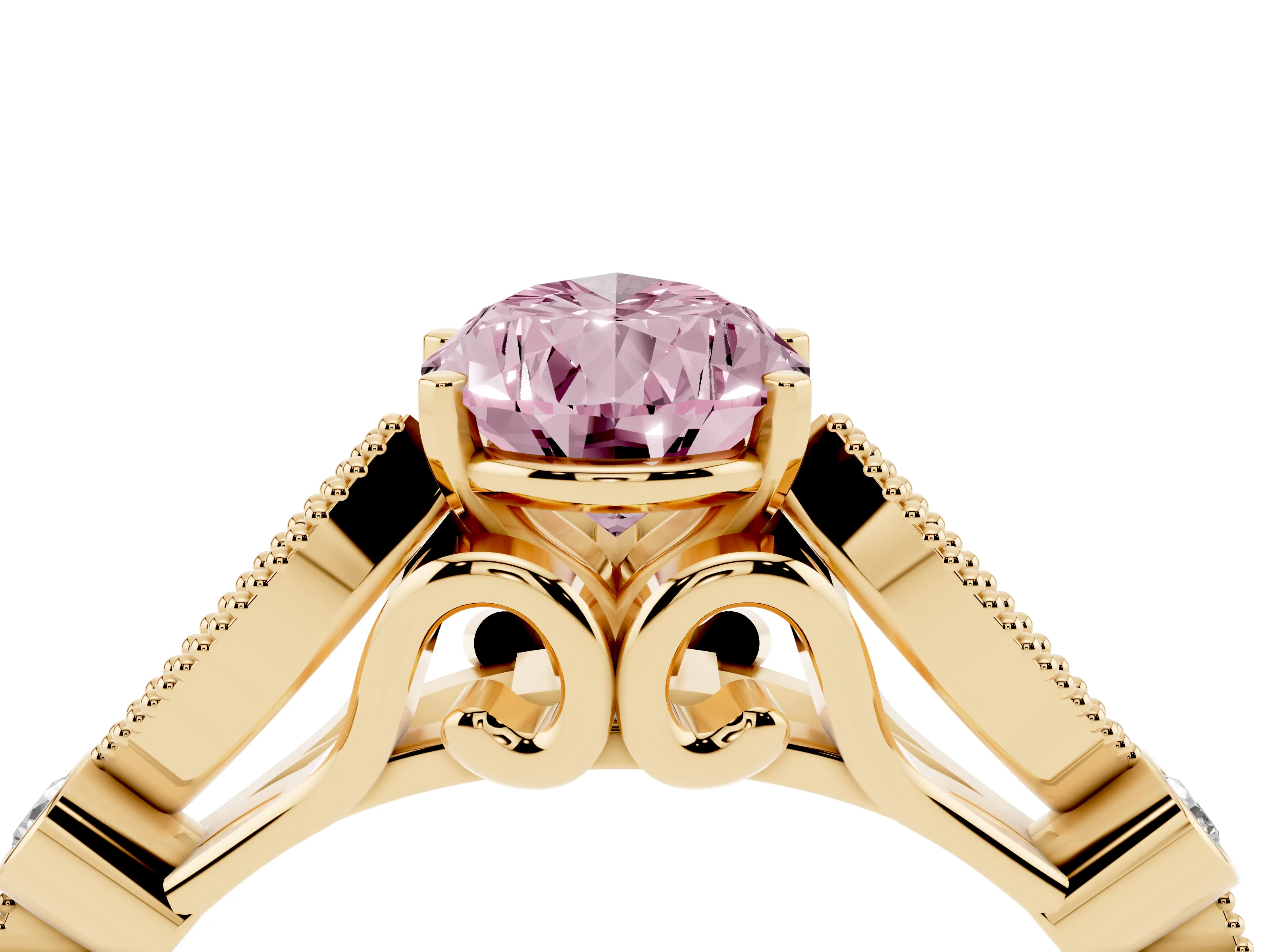 Fancy Pink Pear Cut Diamond Solitaire Ring Set in Yellow gold with Milgrain Marquise and Bezel Accents