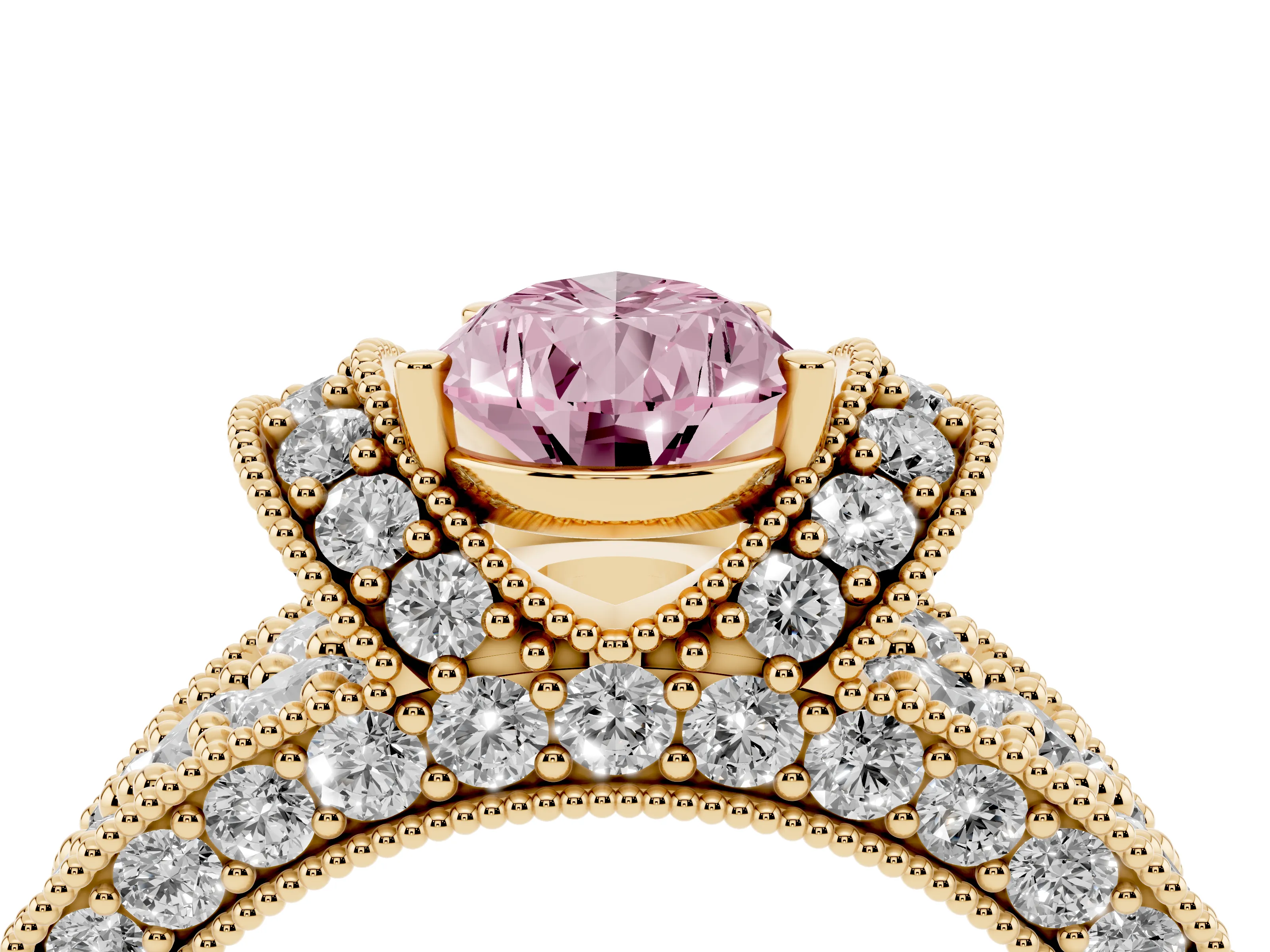 Fancy Pink Pear Cut Diamond Milgrain Halo Pavé Engagement Ring Set in Yellow gold with Prong Setting