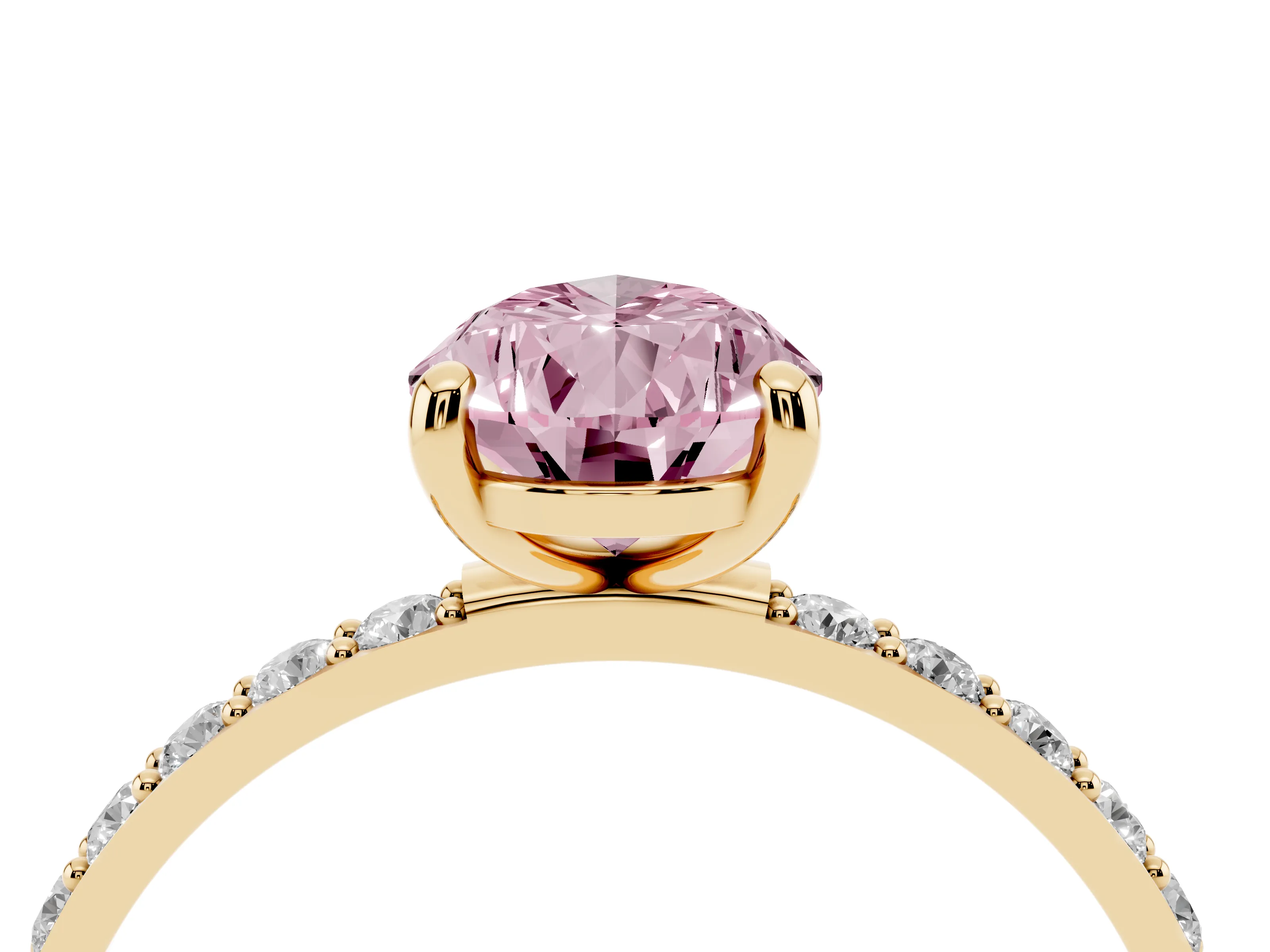 Fancy Pink Pear Cut Diamond Solitaire Ring Set in Yellow gold with Round Pavé Band and Prong Setting