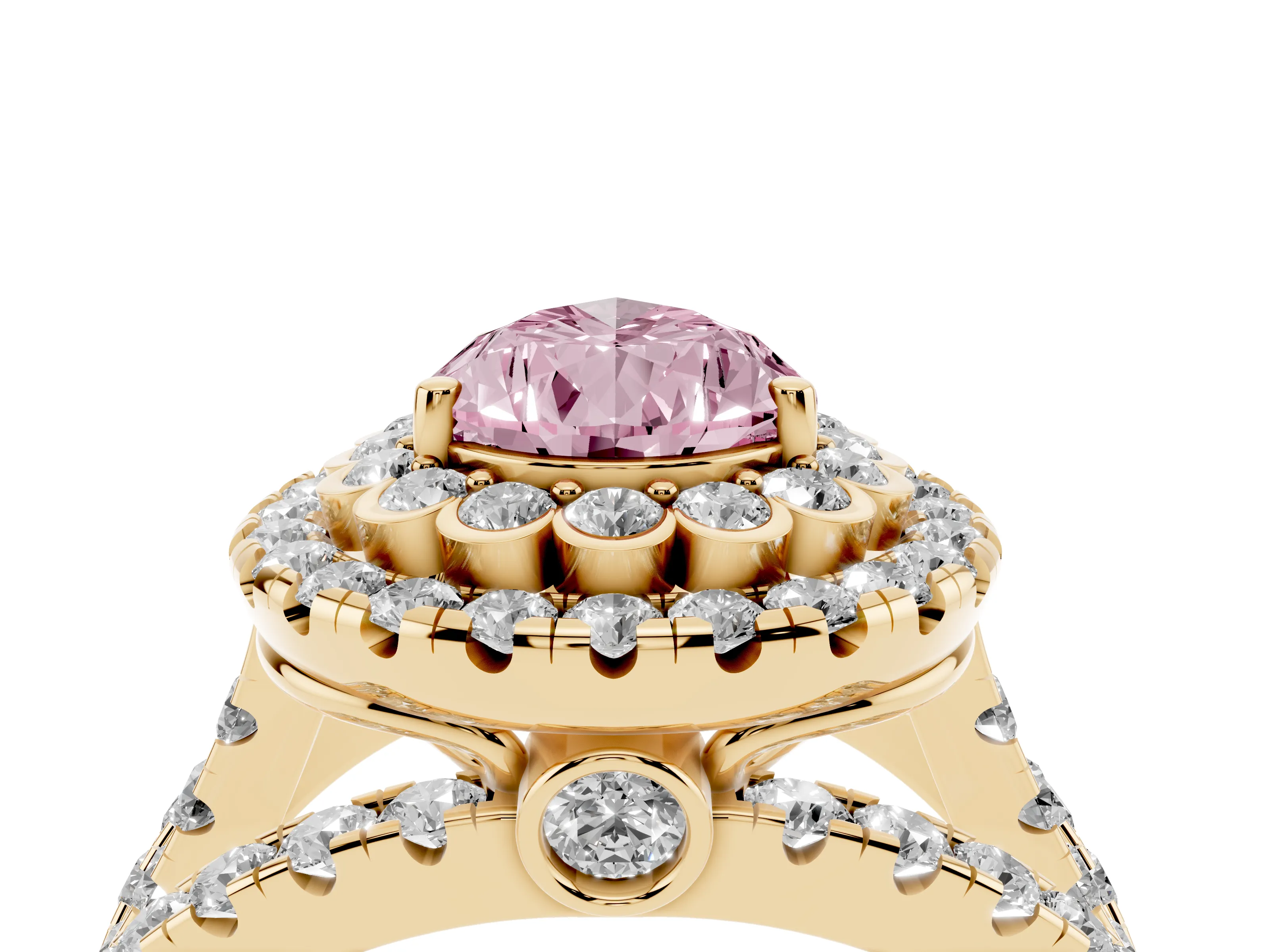 Fancy Pink Pear Cut Diamond Double Halo Ring Set in Yellow gold with Round Pavé Split Shank
