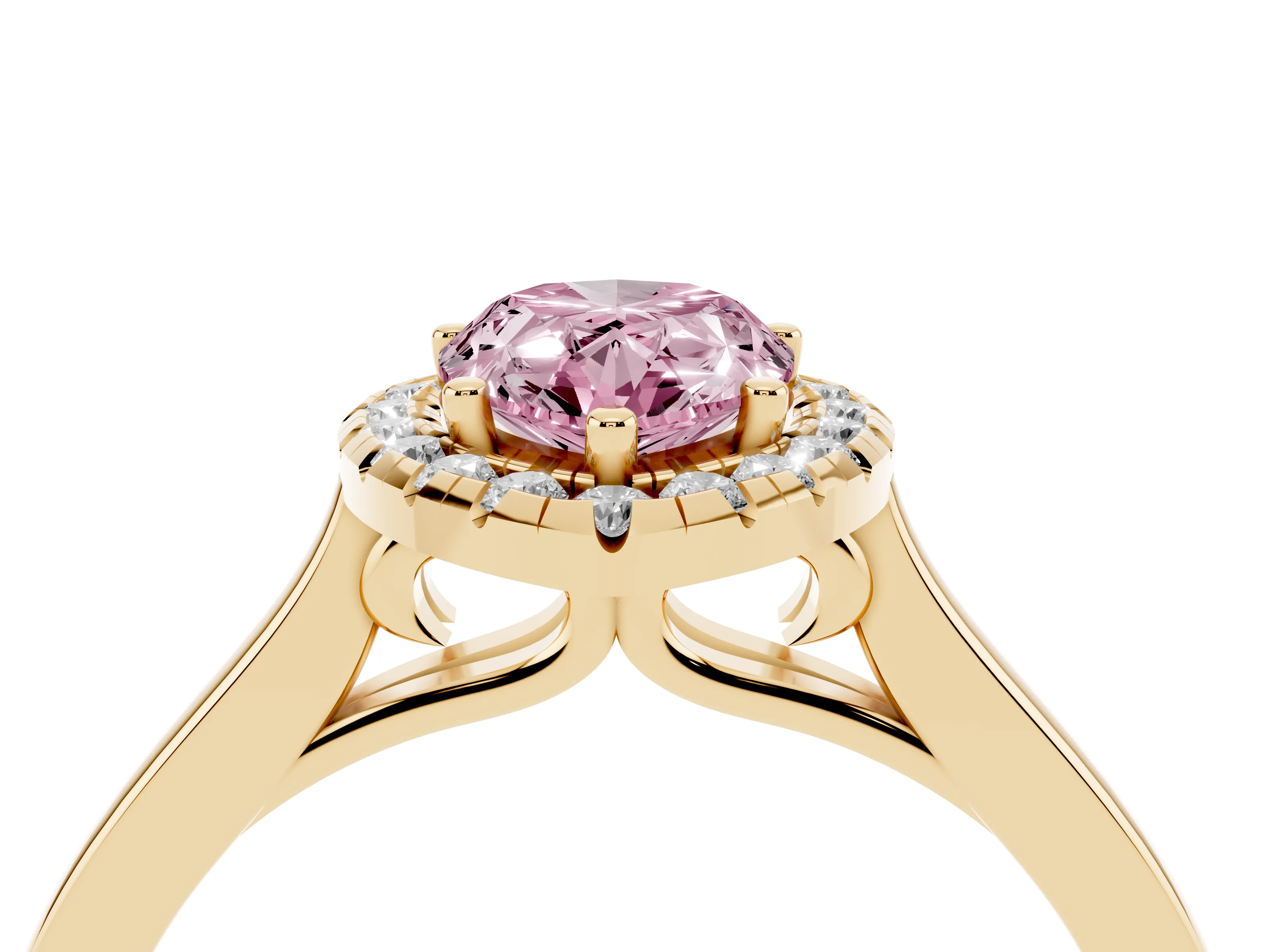 Fancy Pink Pear Cut Halo Round Diamond Solitaire Ring Set in Yellow gold with Pavé Band and Prong Setting