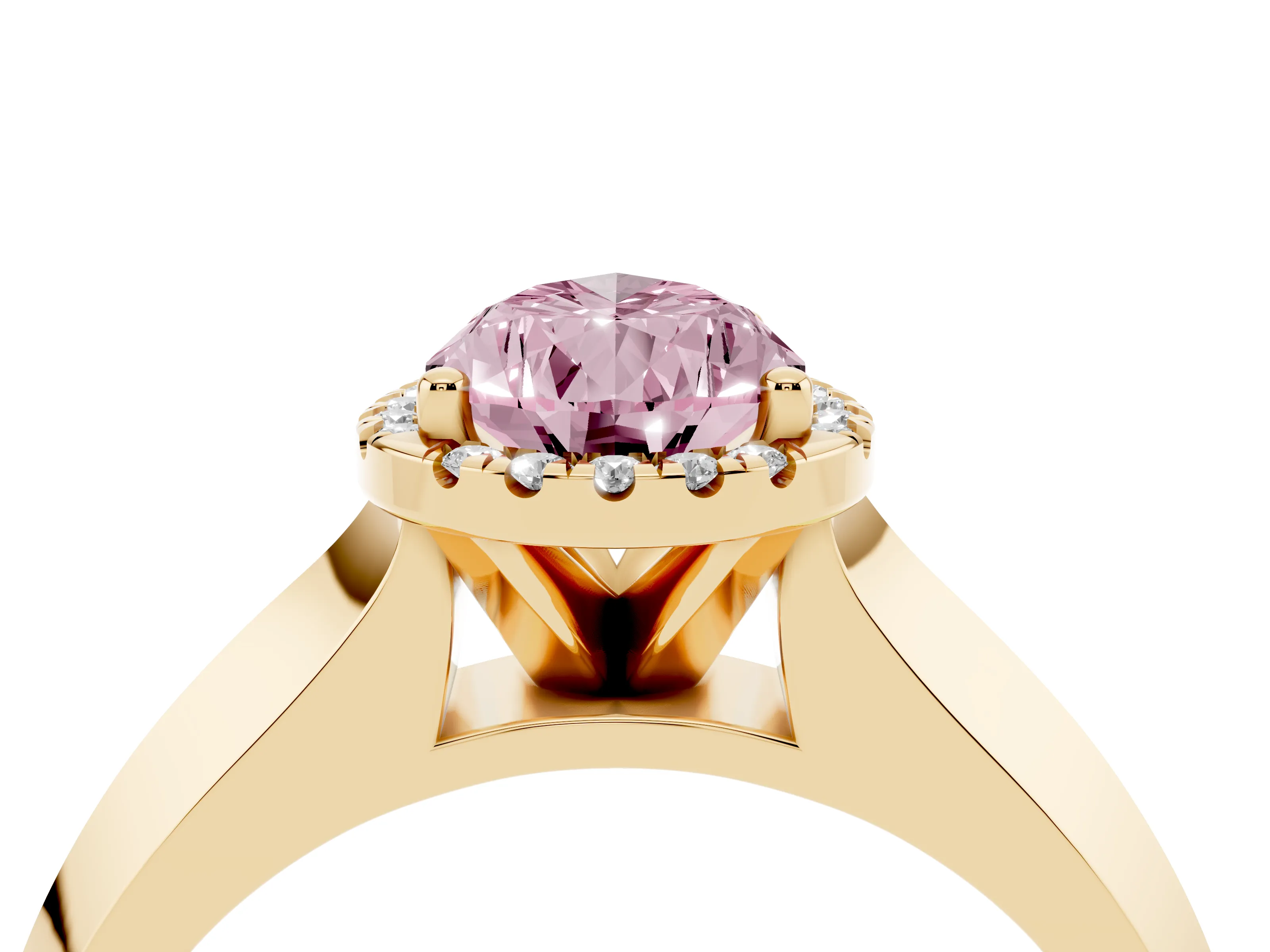 Fancy Pink Pear Cut Diamond Halo Ring Set in Yellow gold with Cathedral Band and Prong Setting