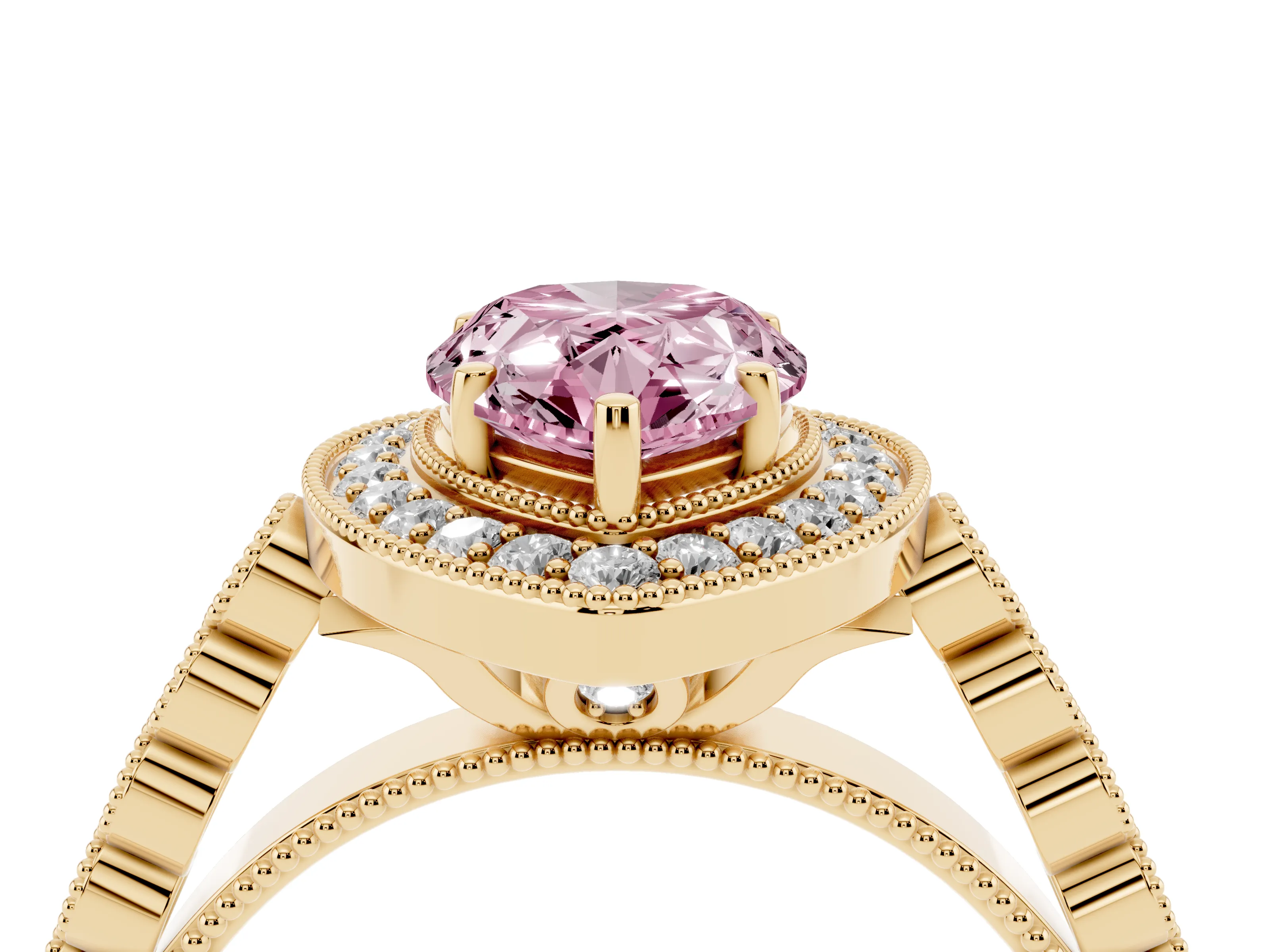 Fancy Pink Pear Cut Diamond Milgrain Halo Solitaire Ring Set in Yellow gold with Bezel Set Side Stones and Pavé Band