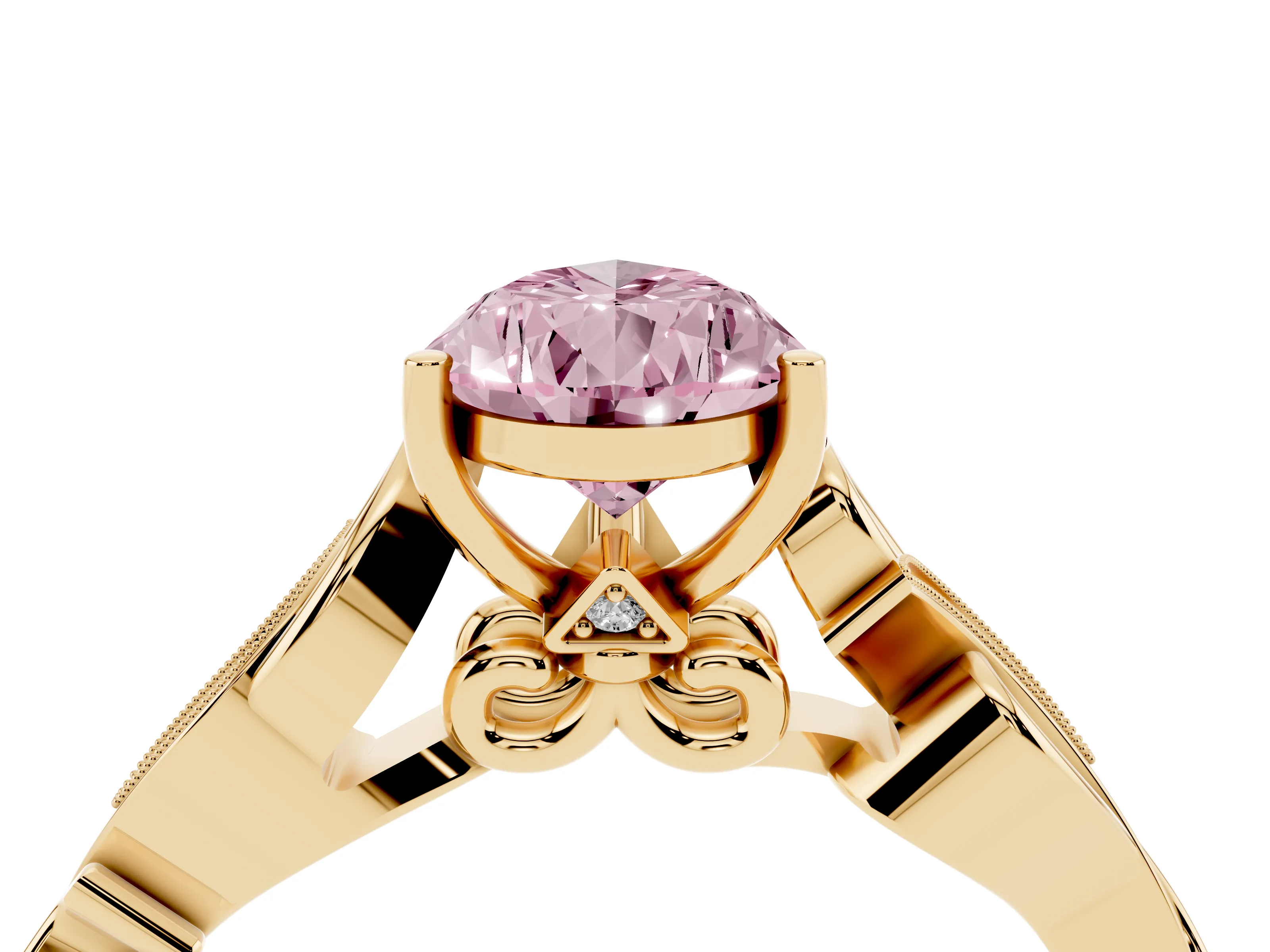Fancy Pink Pear Cut Diamond Vine Band Solitaire Ring Set in Yellow gold with Milgrain Prong Setting