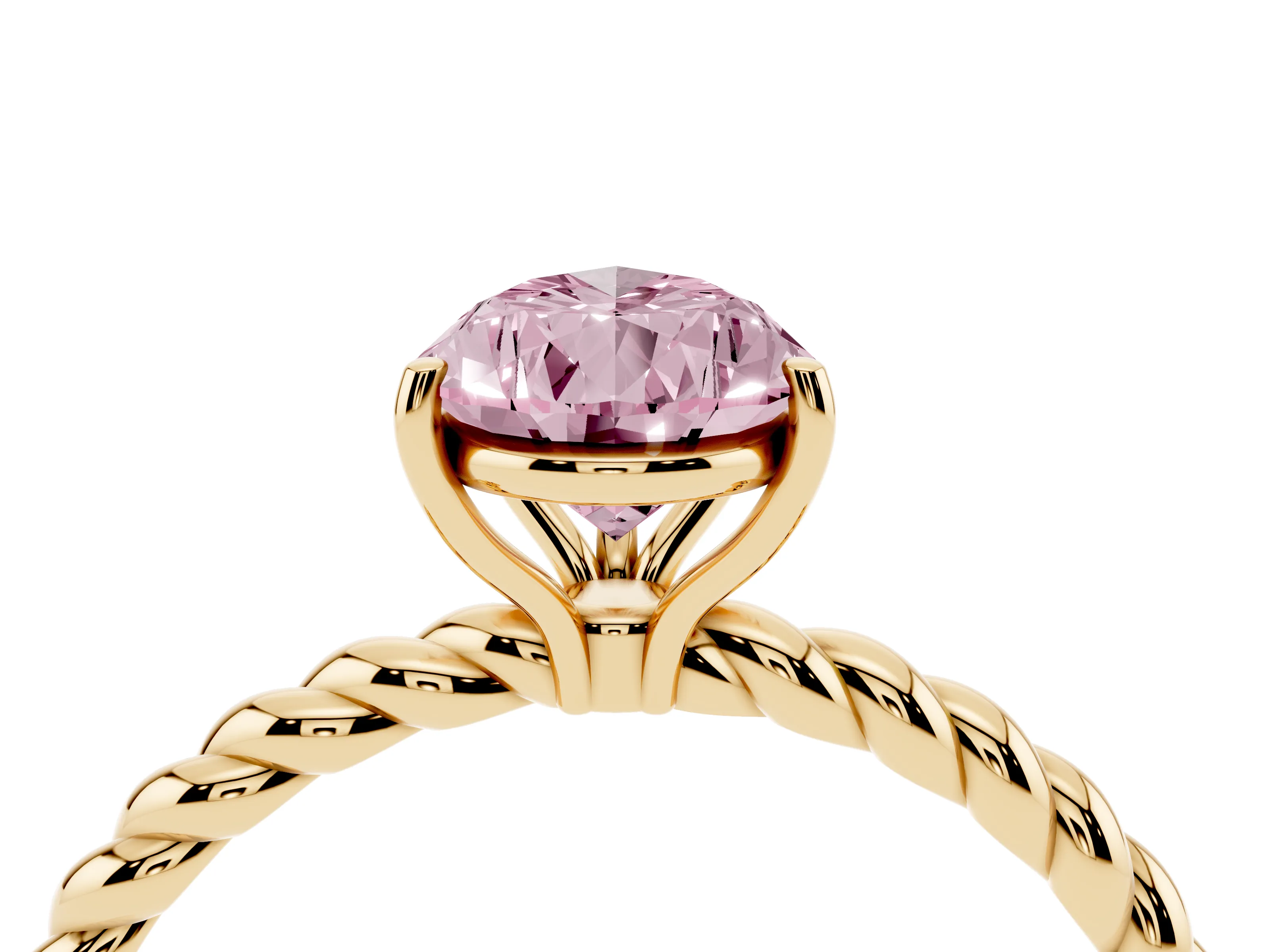 Fancy Pink Pear Cut Diamond Solitaire Ring Set in Yellow gold with Twist Band and Prong Setting